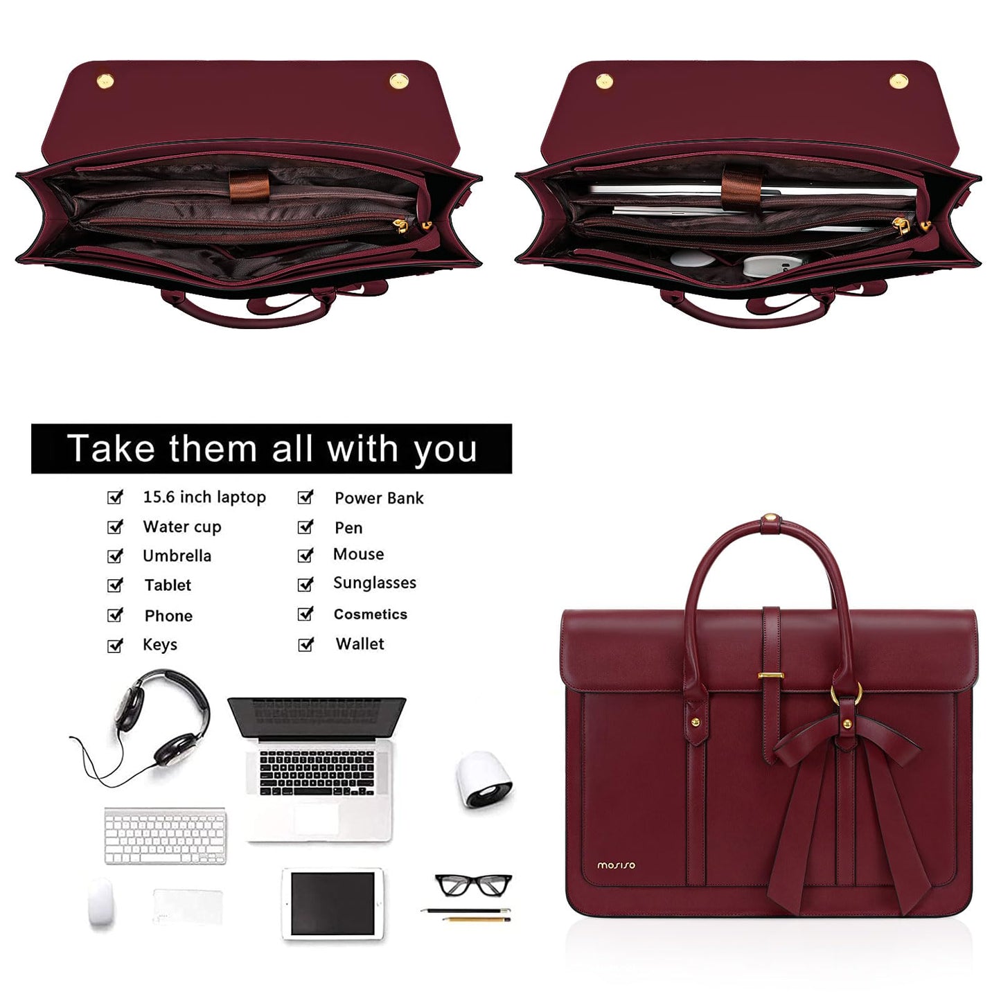 MOSISO Laptop Bag for Women, 15-15.6 inch PU Leather Laptop Shoulder Bag Convertible Backpack, 16 inch Messenger Bag Casual Handbag Work Briefcase Travel Computer Bag with Bowknot, Wine Red