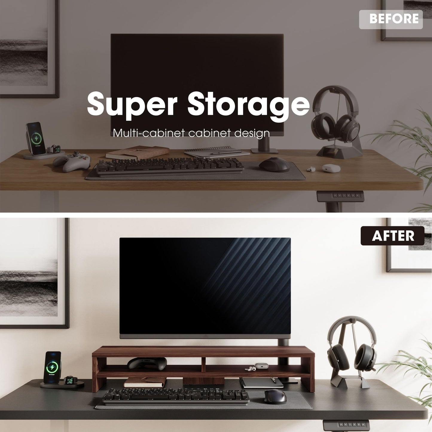 Fenge Monitor Stand, 31.5 Inch Computer Monitor Riser for Desk, 2 Tiers Wood Desk Shelf with Storage, Desktop Organizer for PC, Laptop, Screen, Printer