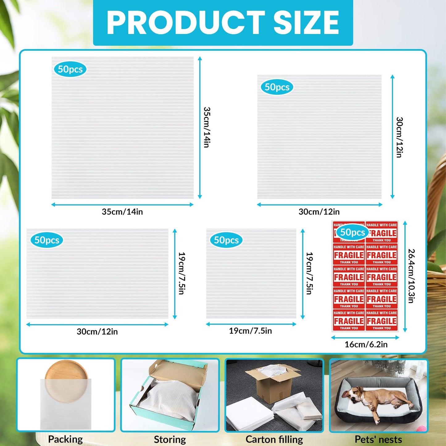 200 Pack Foam Pouches,4 Sizes Cushion Foam Pouch for Moving, Packing, Transportation and Storage, Moving Supplies Incidental Fragile Stickers(14x14 Inch, 12x12 Inch, 12x7.5 Inch, 7.5x7.5 Inch)