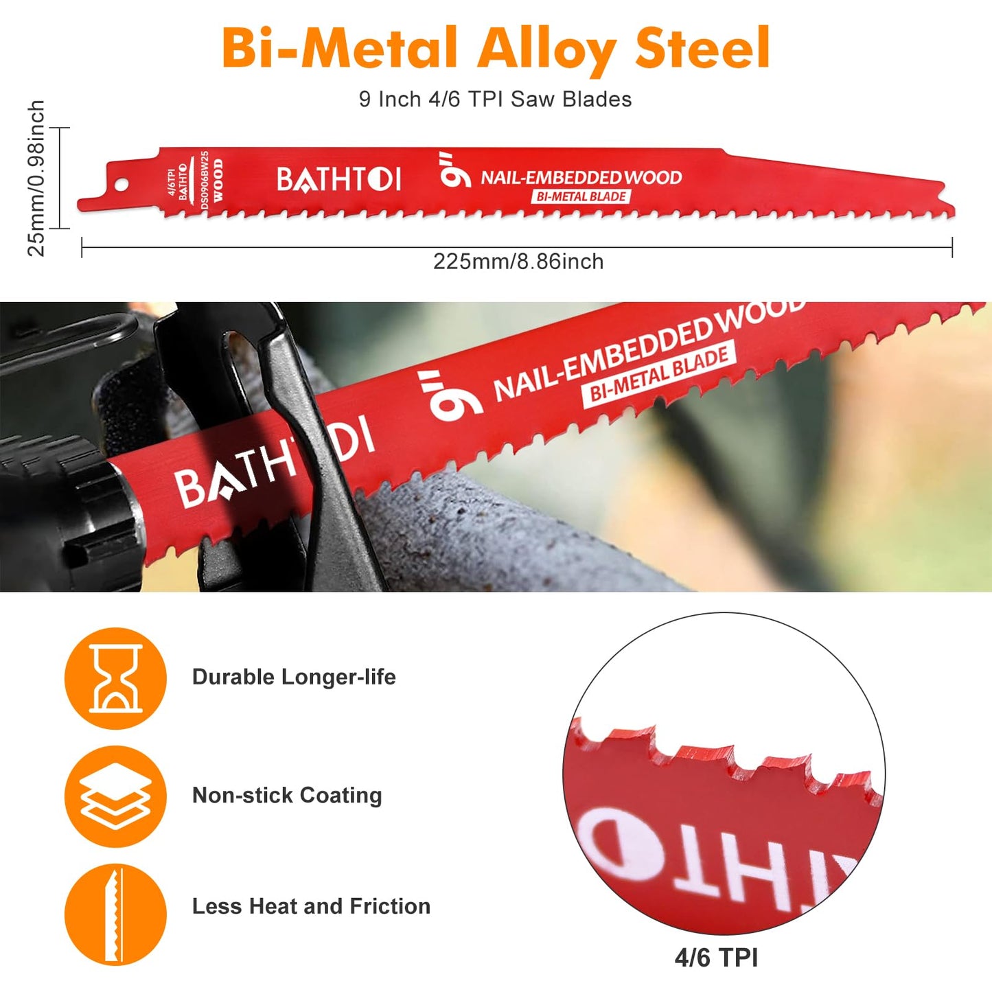 25 Pack 9 Inch 4/6 Tpi Reciprocating Saw Blades for Wood and Nail-Embedded Wood Cutting, Bi-Metal Sawzall Blades with 8% Cobalt for Longer Life and Faster Cutting Speed