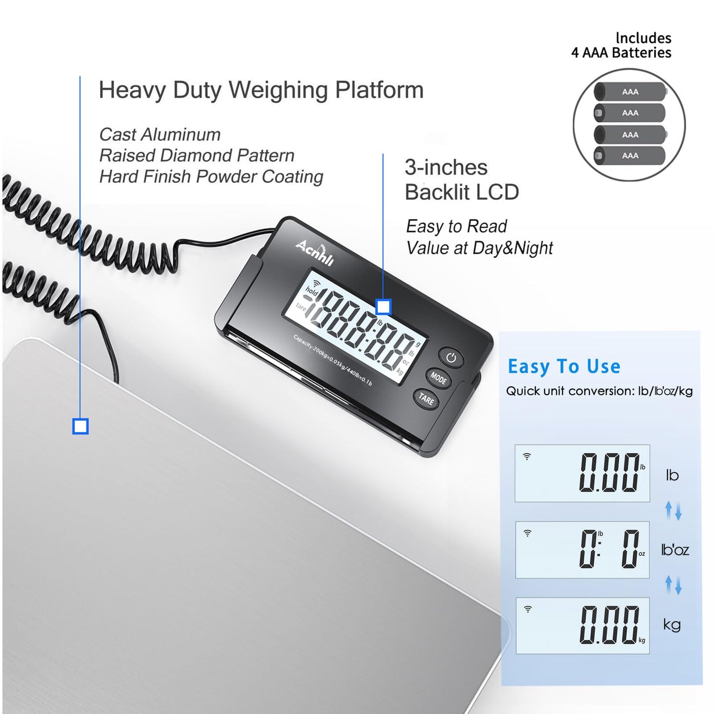 ACNHLI Heavy Duty Shipping Scale,440 LBS high Precision Hidden Wall Mounted Display, Portable Multi-Function Weighing Scale for Warehouse/Office/delivery Company, Includes Adapter and Product Manual