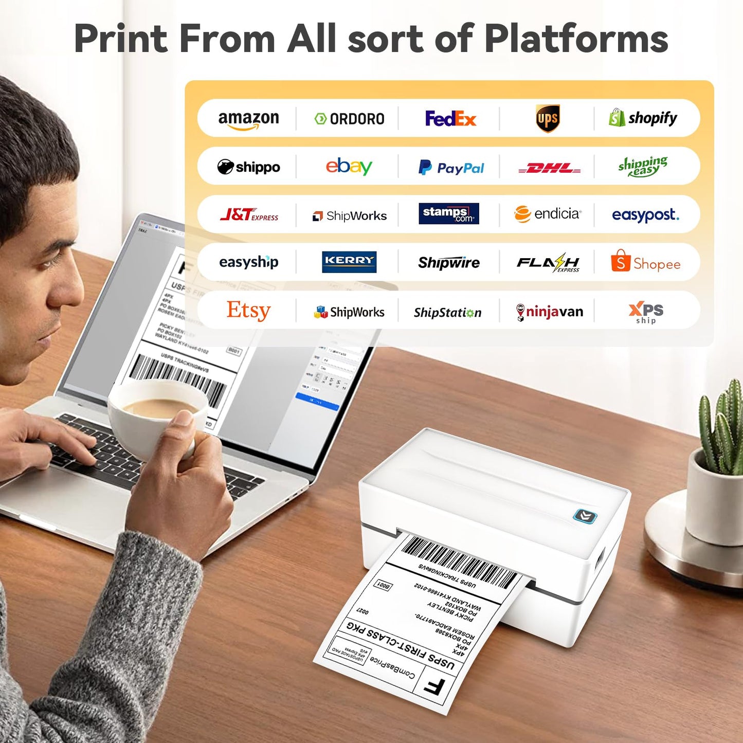Anycash Bluetooth Thermal Shipping Label Printer, Wireless 4x6 Shipping Label Sticker Printer for Small Business and Office, Compatible with Android&iOS Windows, Used for Amazon, Shopify, Etsy USPS