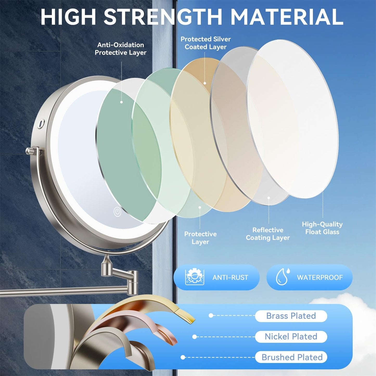5000mAh Rechargeable Wall Mounted Lighted Makeup Mirror, 9'' 30X/1X Double-Sided Magnifying Mirror with Light, Bathroom Mirror Touch Dimmable 3 Colors 360ยฐ Rotation Extended Arm, Power Adapter