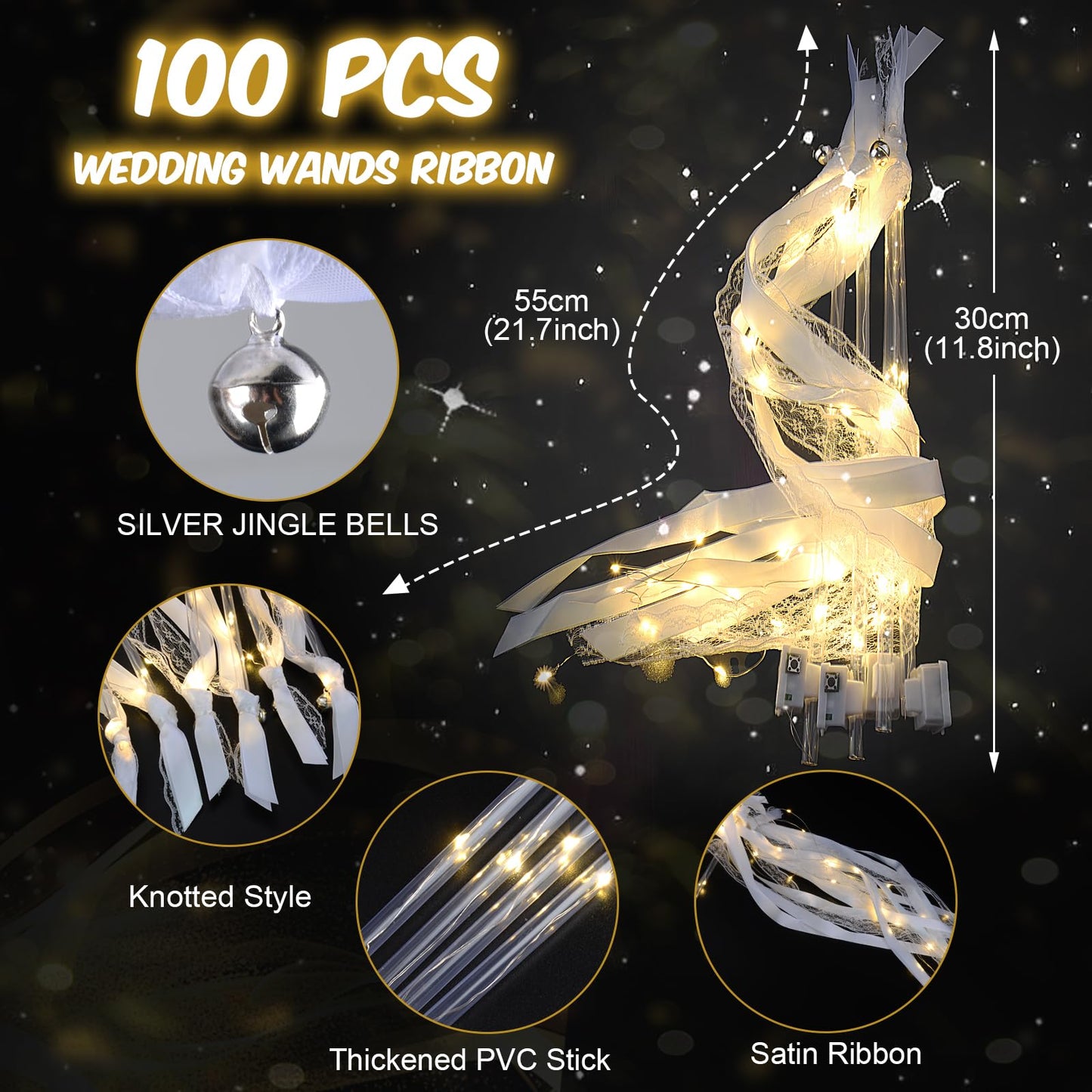 HONLYNE 100 PCS Light up Wands for Wedding, Wedding Wands Streamers with 3 Colorful Flashing Modes, Fairy Wands, LED Silk Fairy Wand with Bells for Wedding, New Year, Raves, Concert, Birthday
