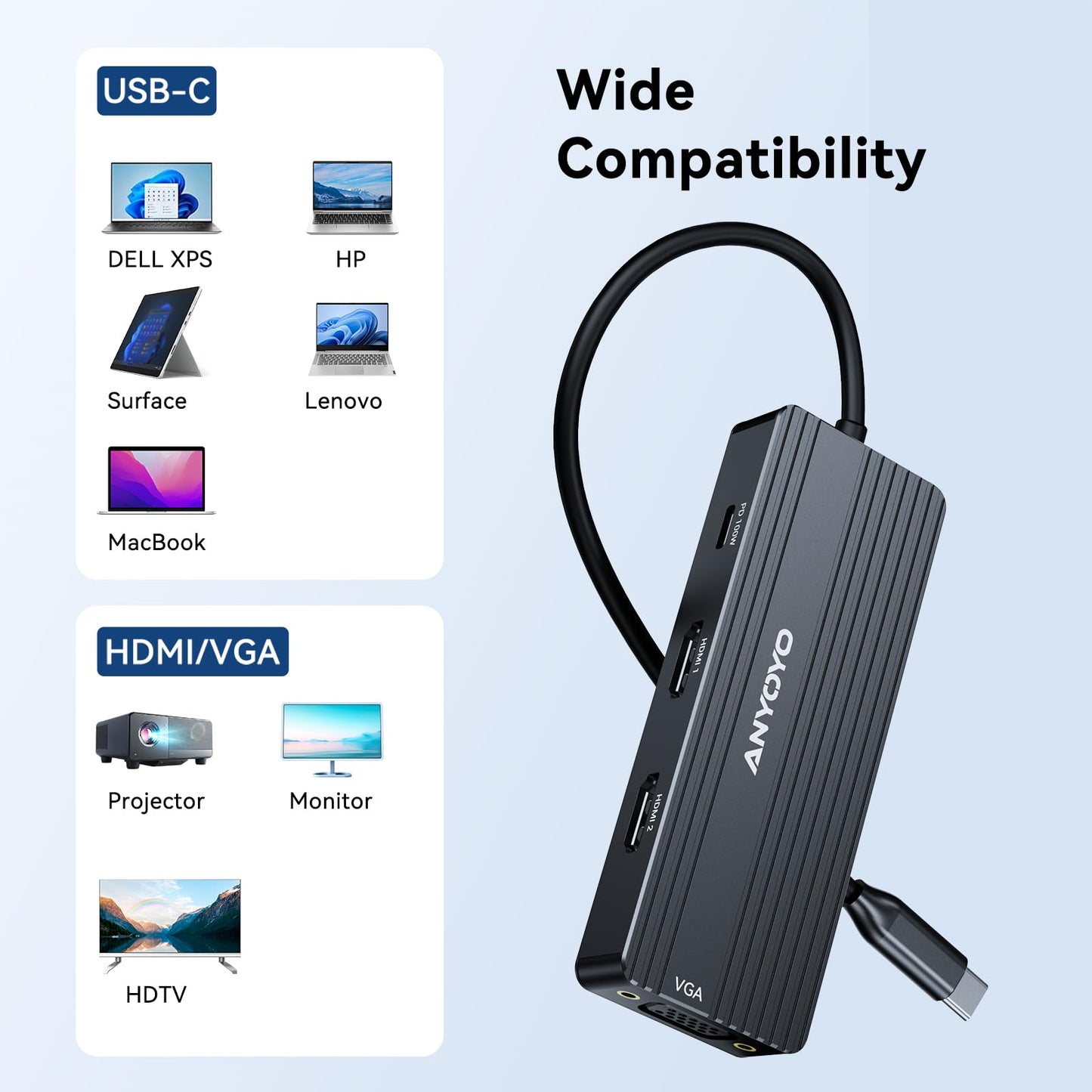 ANYOYO USB C Docking Station Dual Monitor, 8 in 1 Laptop Docking Station 3 Monitors with Dual HDMI 4K60HZ and VGA 1080P60HZ, 3 * 5Gbps USB-A/C,PD100W,HDMI Dock for Dell,Lenovo,HP(Black)