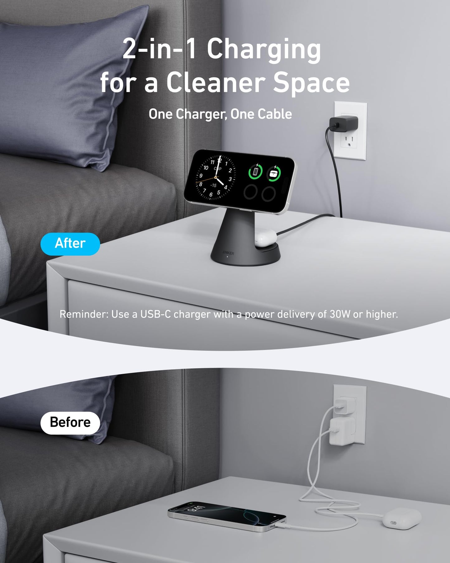 Anker MagSafe Compatible 2-in-1 Charging Stand, iPhone 16 Wireless Charger, Qi2 Certified 15W Ultra-Fast, Adjustable and Super Strong, for iPhone 16/15/14/13/12 Series, AirPods (No Wall Charger)