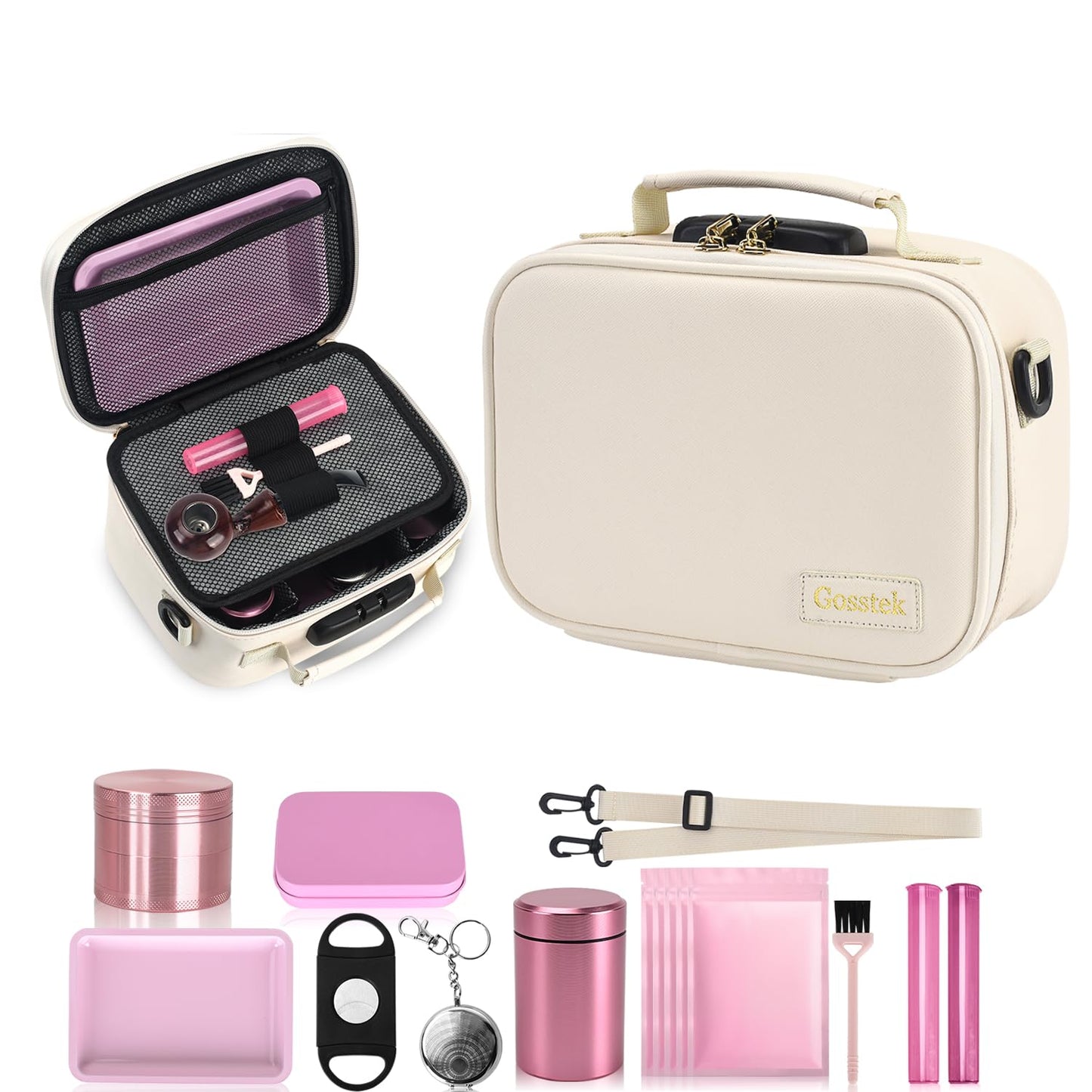 Gosstek PU Leather Storage Bag with 10 PCS Accessories, Portable Cosmetic Box Case with Lock and Great Gift for Women, Childproof Organization Container Box 9 X 6 X 4 Inches (Beige)