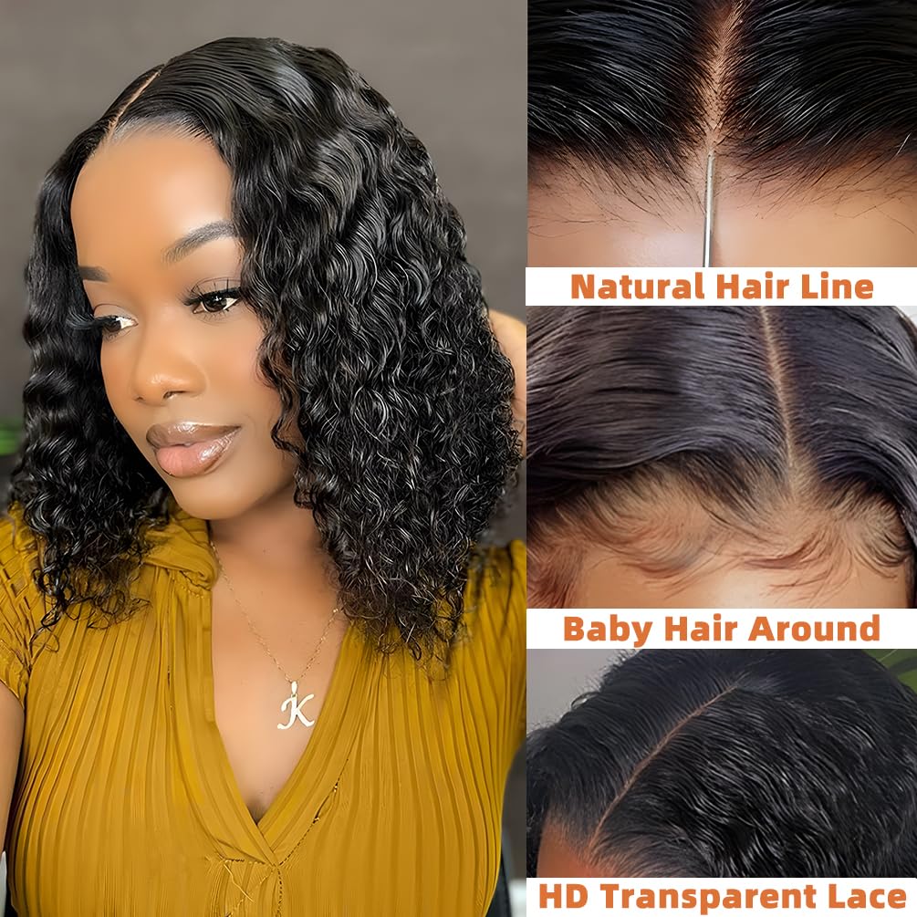 Glueless Wigs Human Hair Pre Plucked Pre Cut, Short Curly Deep Wave Lace Front Wigs Human Hair, 180% Density Wear and Go Glueless Bob Wig Human Hair for Women 10 Inch Natural Black