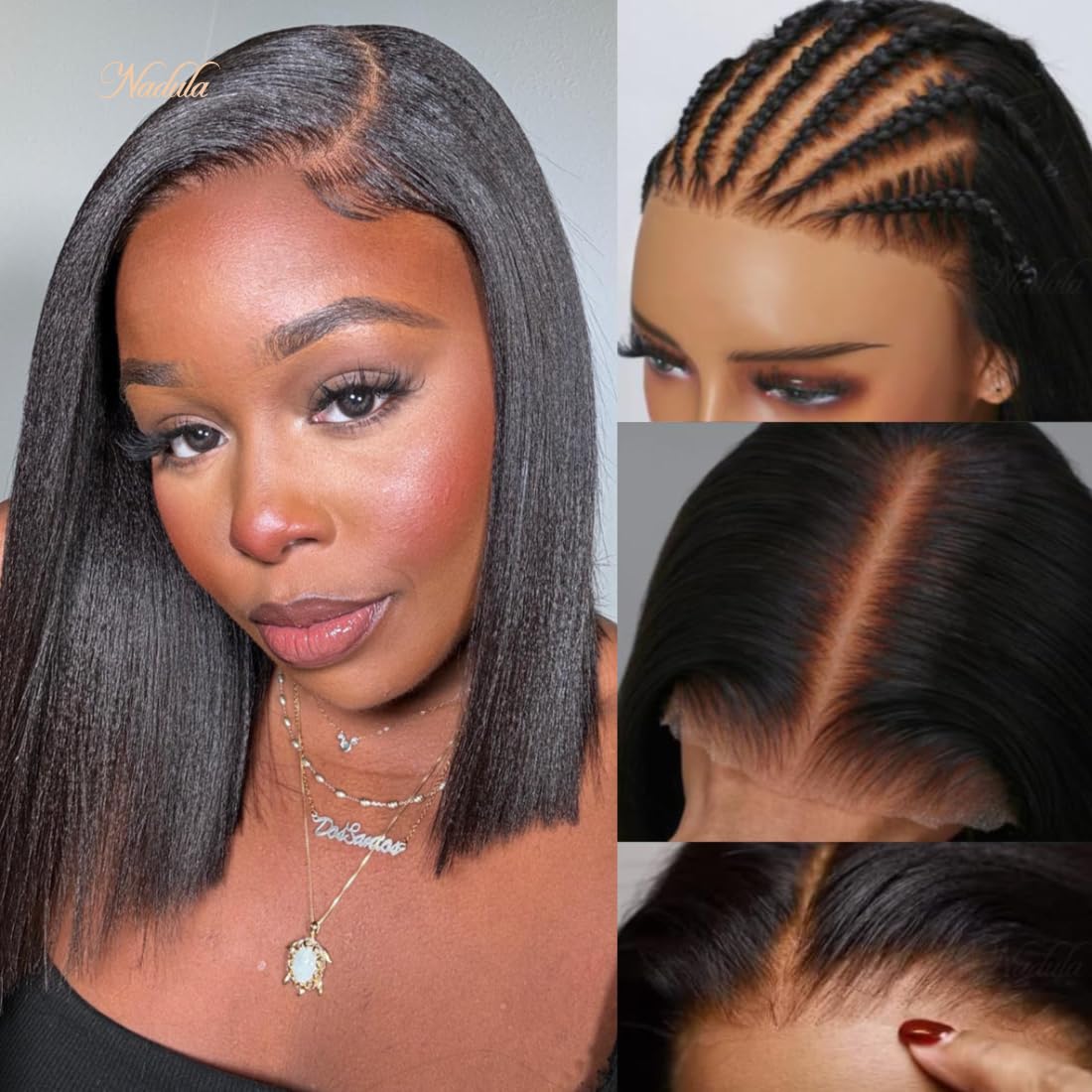 Nadula Bye Bye Knots Glueless Yaki Straight Bob 7x5 Lace Front Wigs Human Hair Pre Plucked Invisible Knots Pre Everything 3S Ready to Wear Short Yaki Bob Wigs Pre Cut 150% Density 14inch