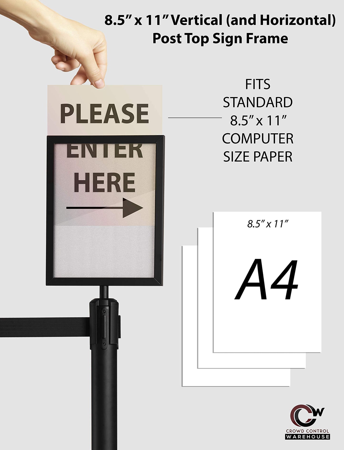 Crowd Control Warehouse Stanchion Post Top Sign Frame, 8.5 x 11 Inch Vertical Black Steel