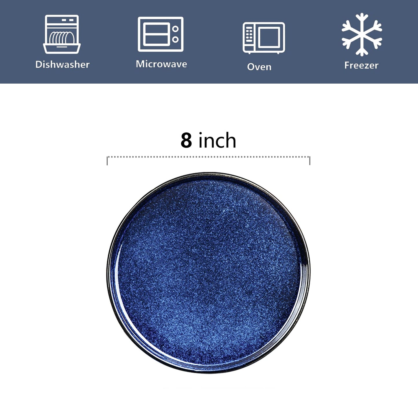 vicrays Ceramic Salad Plates Set - Porcelain 8 Inch Flat Dessert Appetizer Plate for Lunch Home Party Restaurant - Scratch Resistant Microwave Oven and Dishwasher Safe - Set of 6 (Blue)