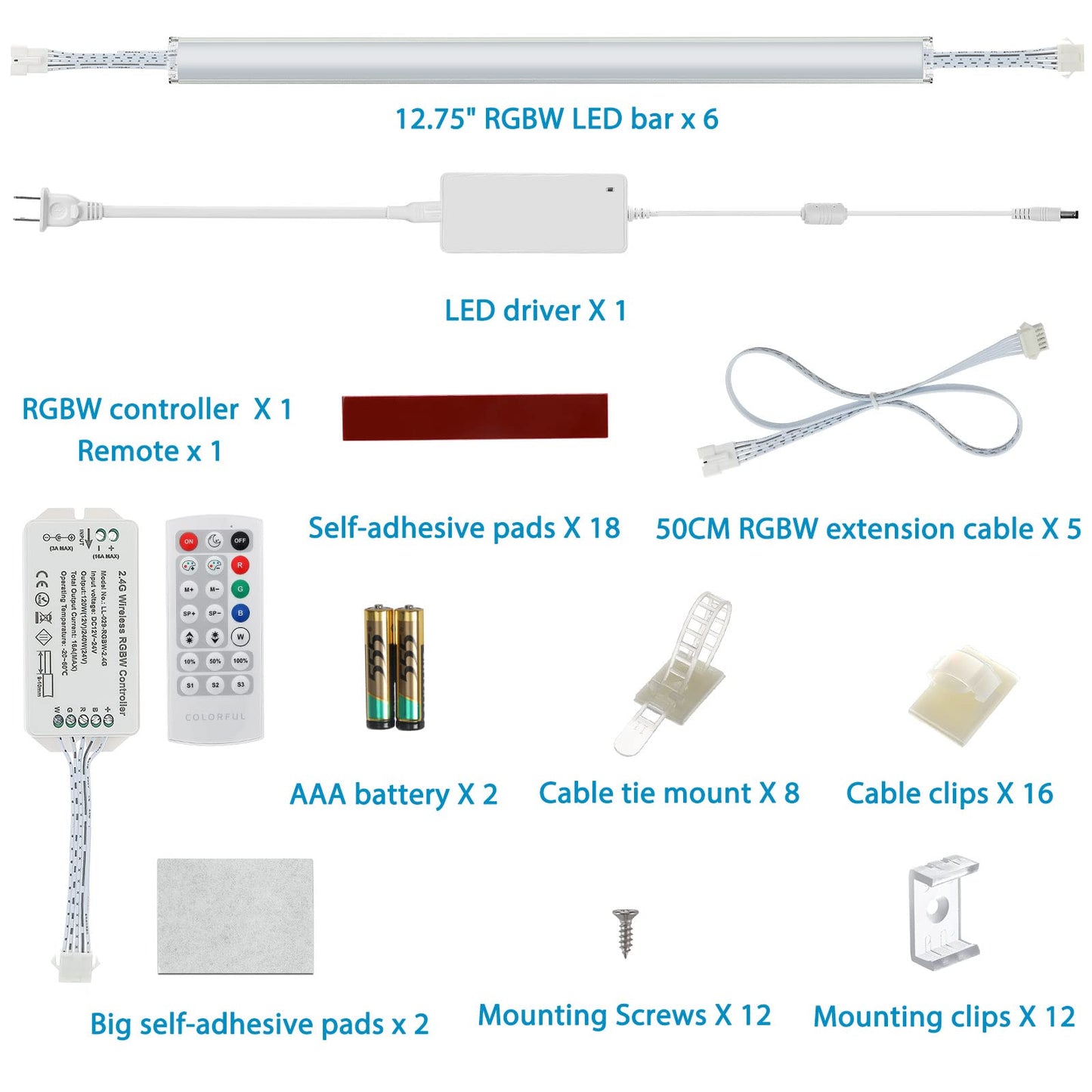 Under Cabinet LED Lights Kit. RGB Color Changing & Super Bright White Lighting. Dimmable with Remote. 6 pcs Linkable LED Light Strips with Power Supply, Extension Cords. Plug in. Max 24W. RGB + 5000K.