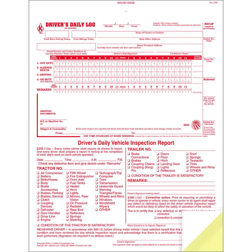2-in-1 Driver Daily Log Book 5-pk. with Detailed Driver Vehicle Inspection Report & Simplified Recap - Book Format with 31 Sets, 2-Ply Carbonless, 8.5" x 11", J. J. Keller & Associates, Inc.