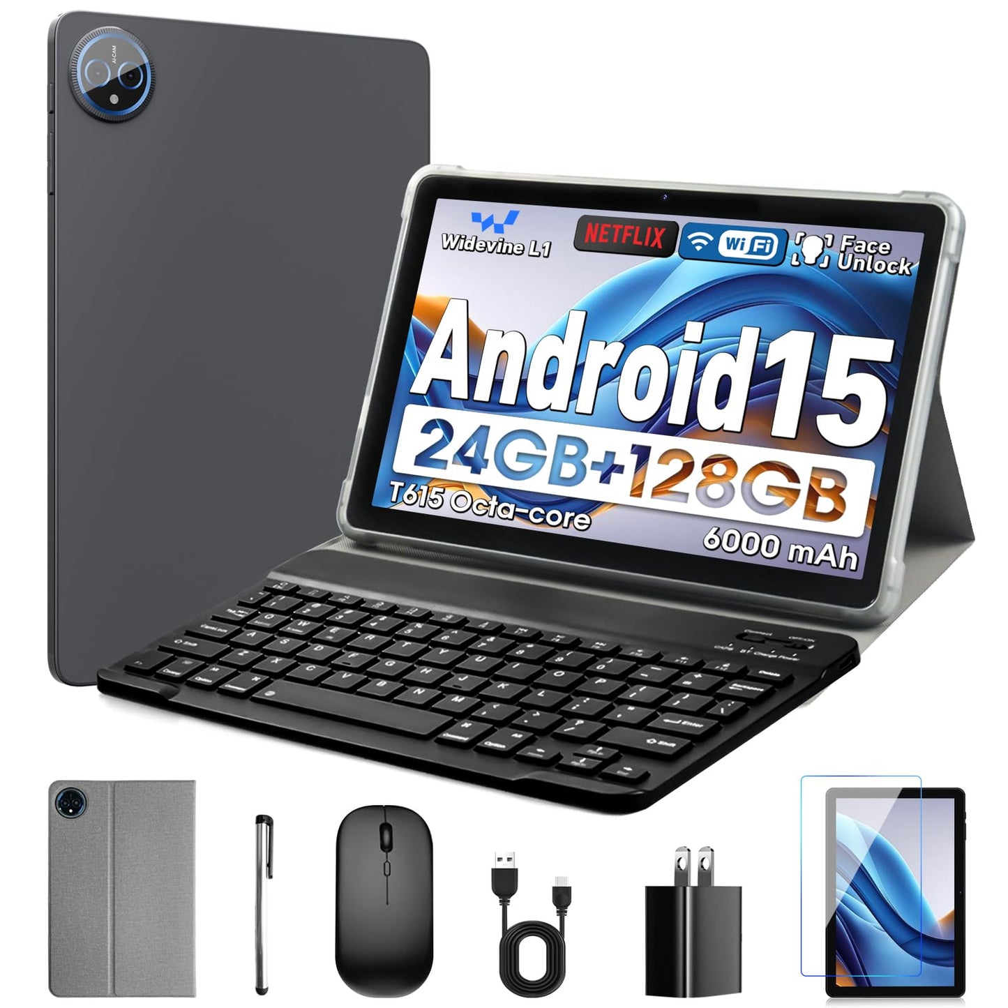 Aobante 10 Inch Tablet, Android 15 with 24GB RAM + 128GB ROM (1TB Expandable), Octa-Core, 1280x800 IPS HD Touchscreen, 5MP+8MP Dual Camera, 6000mAh, Tablet with Keyboard, Mouse, Widevine L1(Gray)