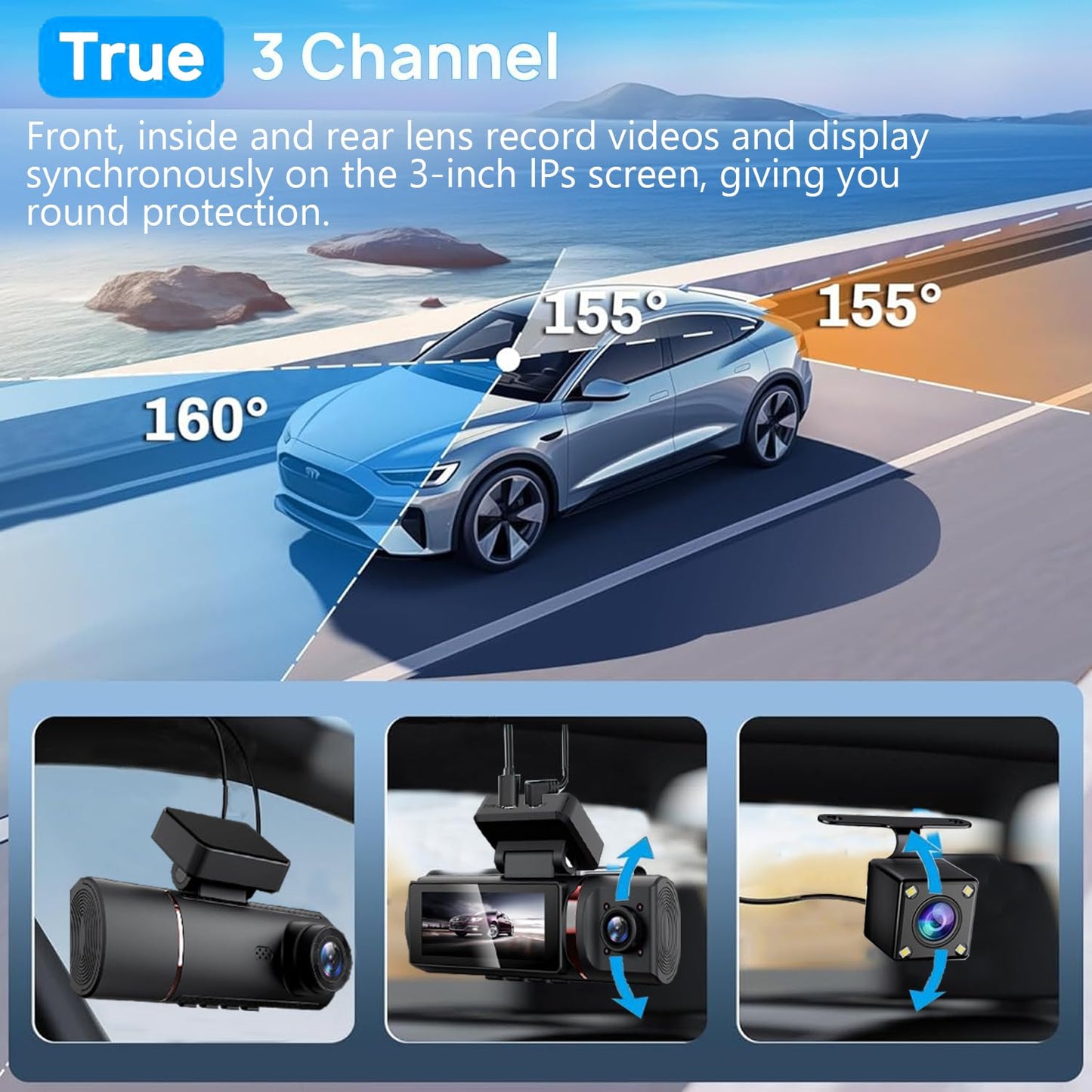3 Channel 4K Dash Cam Front, 1080P Dash Camera Rear and Inside for Cars with 32GB Card, G-Sensor, 3.16 IPS Screen, 24Hr Parking, App Control,Loop Recording, Night Vision,Support 256GB Max