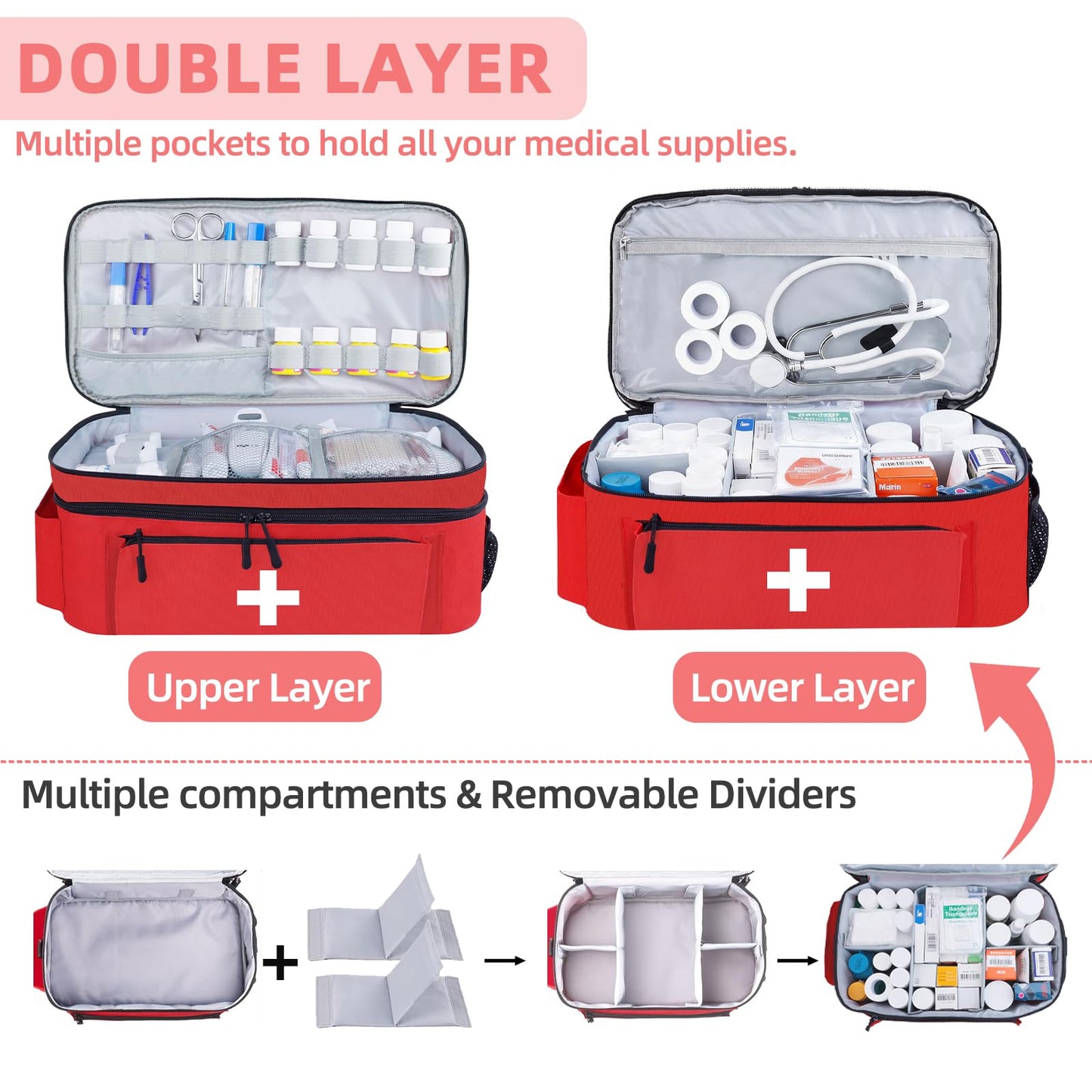 ALSLEA First Aid Bag Empty Large Medical Bag with Shoulder Strap 16”x 9½” x 7” Medicine Organizer Box Travel First Aid kit Emergency Supplies Storage Bag for Car, Home, Office, Outdoor (Red)