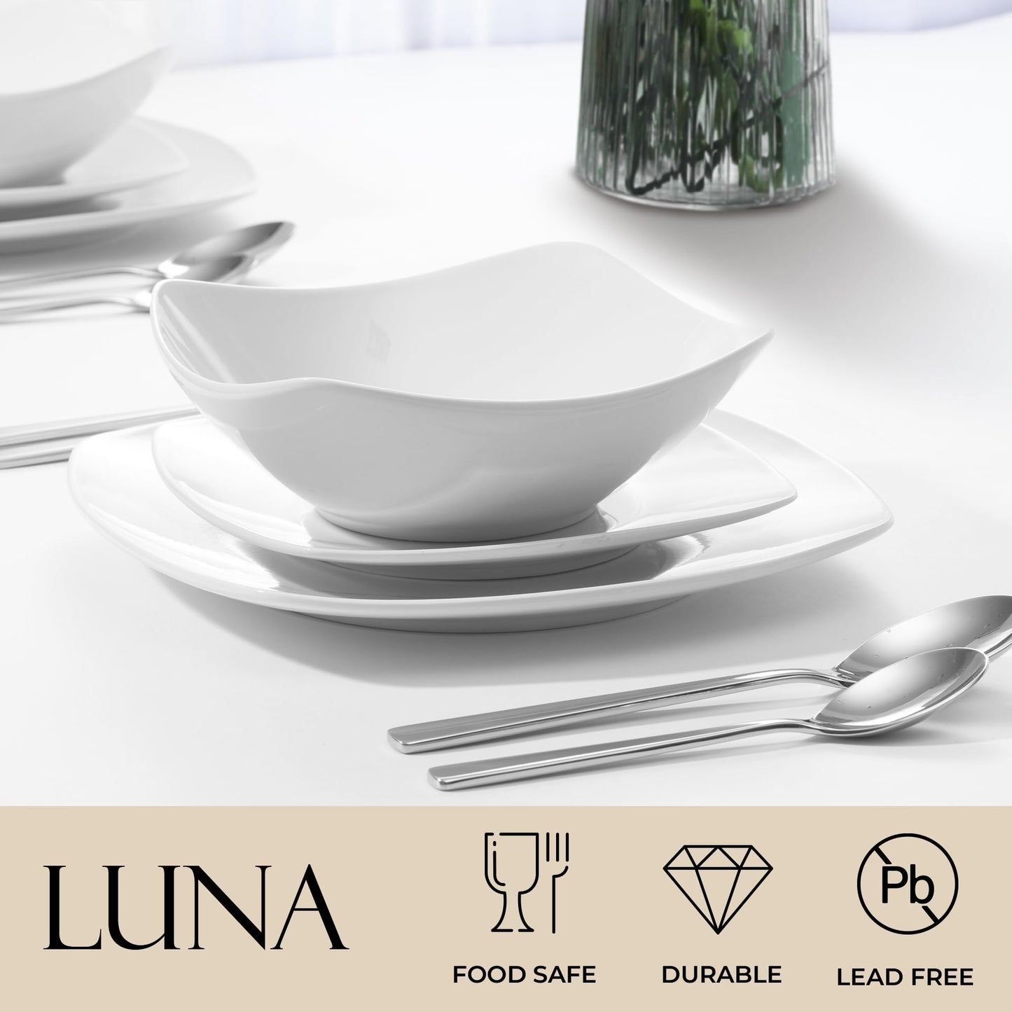 Zulay Kitchen Luna Plates and Bowls Sets, 16 Piece Modern Porcelain Dish Set for 4, Chip and Scratch Resistant Square Dinnerware Set, Microwave and Dishwasher Safe, Pearl White