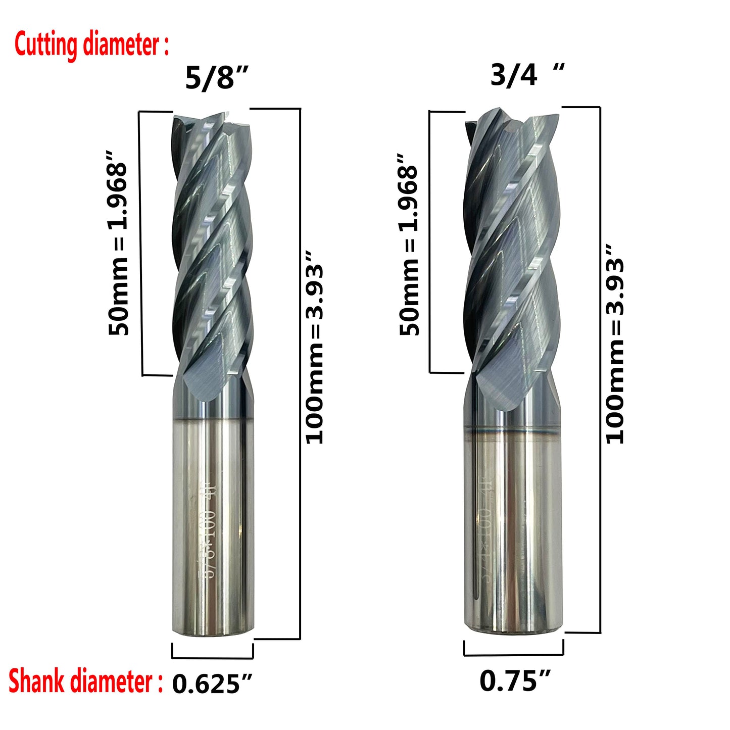 5pcs 1/4”, 3/8”, 1/2”, 5/8”, 3/4” Carbide Square End Mill, HRC 45 Deg Single End 4 Flute AlTiN Coating Mill Bits (5pcs End Mill Set)
