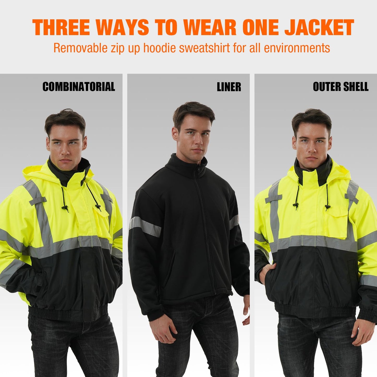 SKSAFETY 3-in-1 High Visibility Winter Bomber Jackets Zip Out Fleece Liner Reflective Safety Coats for men Waterproof ANSI/ISEA Class 3(Lime L)