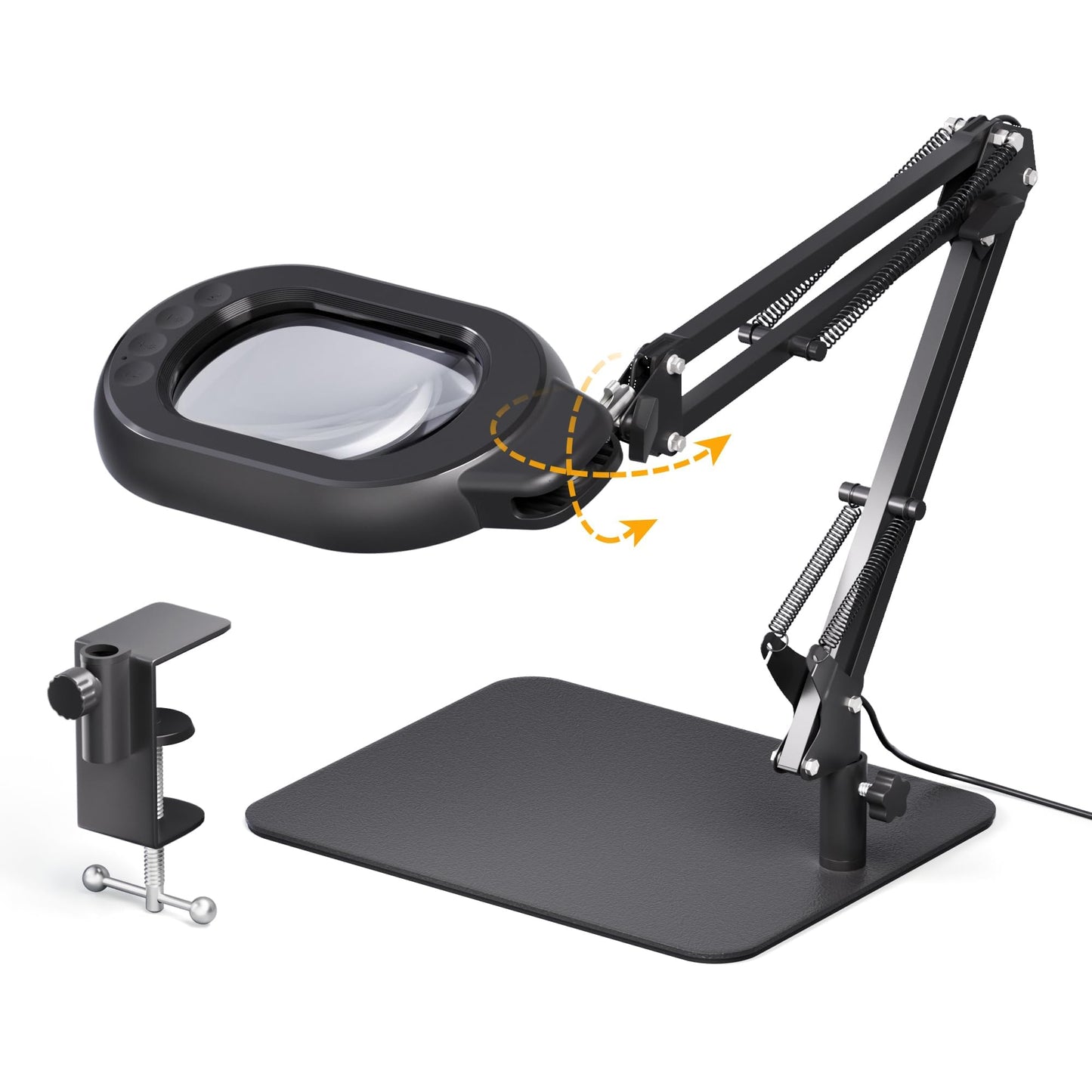 ONLYWIN Magnifying Desk Lamp, 10X Square Magnifying Glass with Light and Stand, Dimmable LED Magnifier Lamp with Clamp and Base, Adjustable Swing Arm Light for Close Work, Reading, Crafting, Black