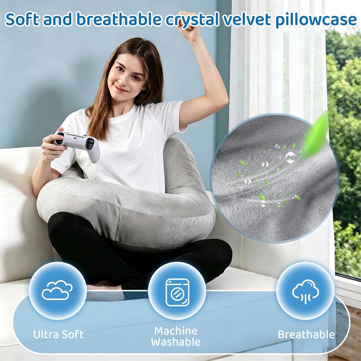 Pyurifai Crochet Pillow for Lap Support - Reading Pillow for Laptop with Extra Back Pillow for Support, Enlarged Gaming Pillow for Lap, Multi-Purpose Reading Pillow for Gaming/Working/Crocheting, Grey