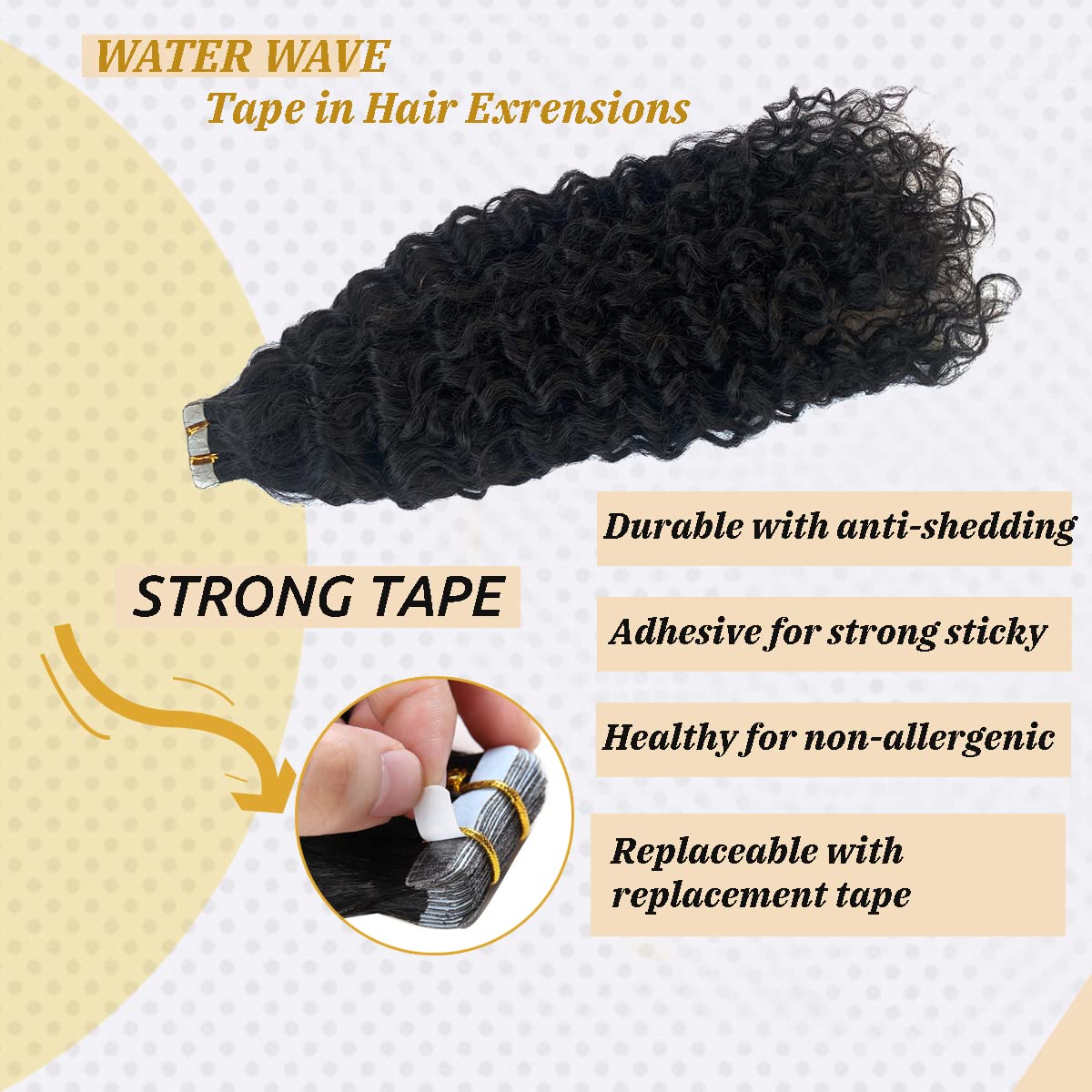 Natural Black Water Wave Tape in Human Hair Extension Black Women,100% Brazilian Virgin Hair Skin Weft Loose Wave Tape on Double Sided Hair Extensions for Short Hair…