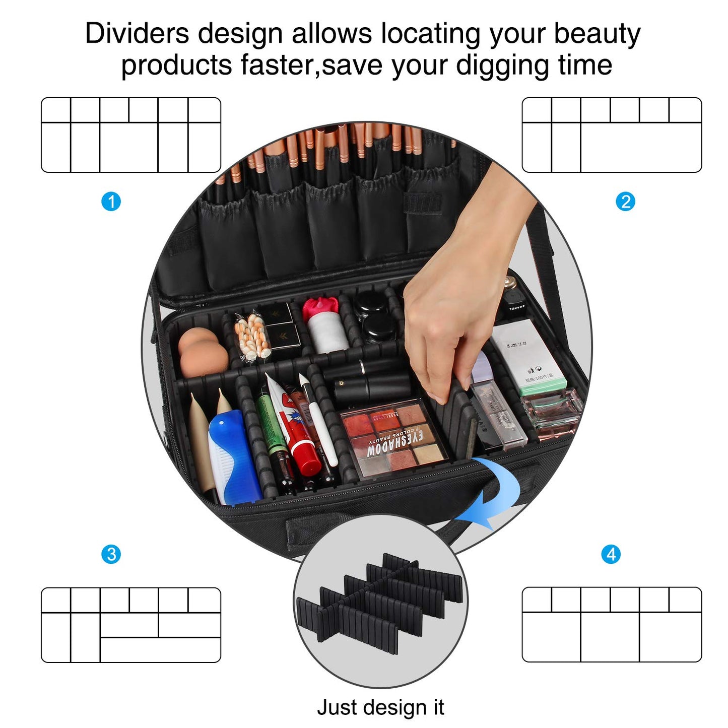 Relavel Travel Makeup Train Case Makeup Cosmetic Case Organizer Portable Artist Storage Bag with Adjustable Dividers for Cosmetics Makeup Brushes Toiletry (medium black)