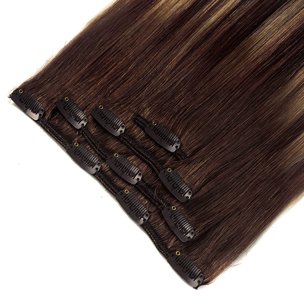14" Clip in Hair Extensions Balayage Human Hair for Women - 4pieces Silky Straight Chocolate Brown to Honey Blonde Highlight Brown Ombre Hair 50grams #(4T27) P4 Color