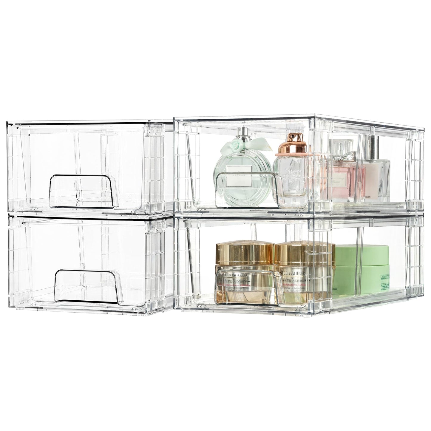Vtopmart 2 Pack Stackable Storage Drawers,Clear Acrylic Drawer Organizers with Handles, Easily Assemble Containers for Fridge, Bathroom,Kitchen Undersink,Cabinet,Pantry Organization and Storage