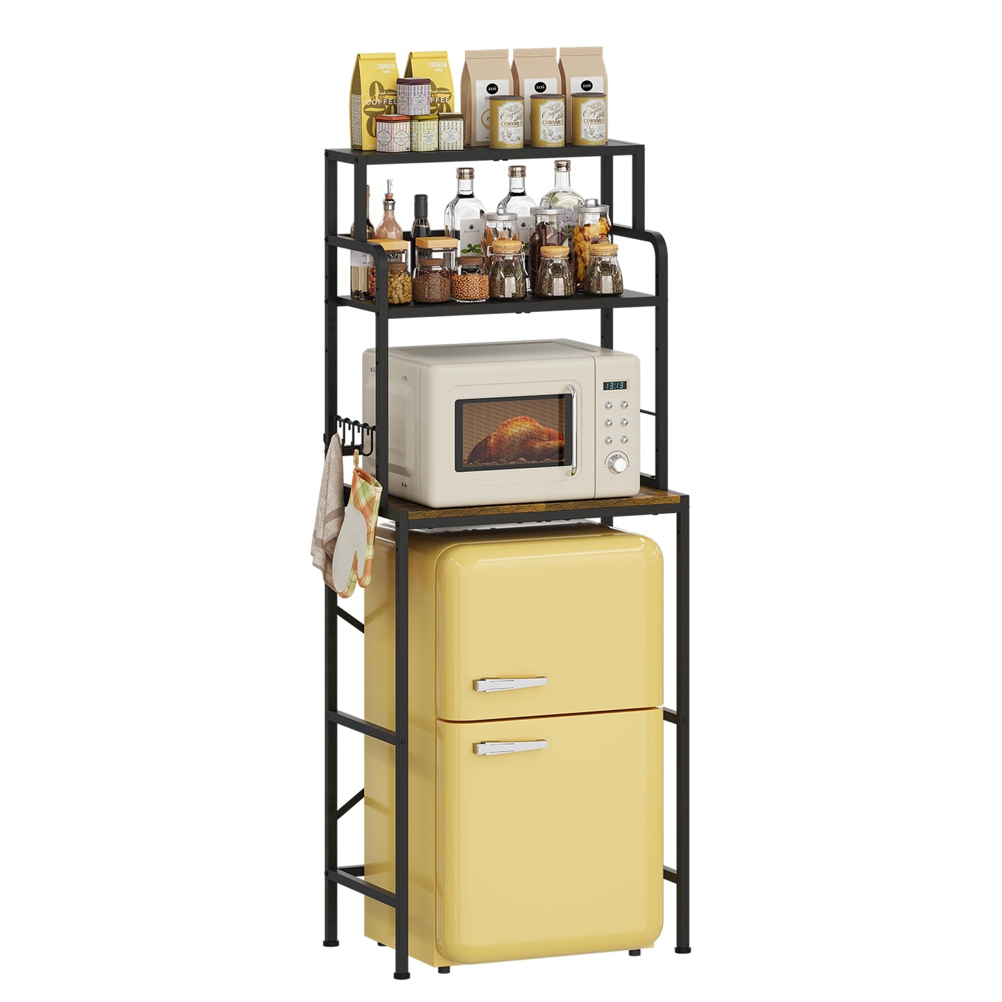 Yuyetuyo 3-Tier Mini Fridge Stand Shelf with Storage, Microwave Organizer Shelf and Mini Fridge Cabinet with Storage for Kitchen, Dorm, and Coffee Bar with Mini Fridge Space