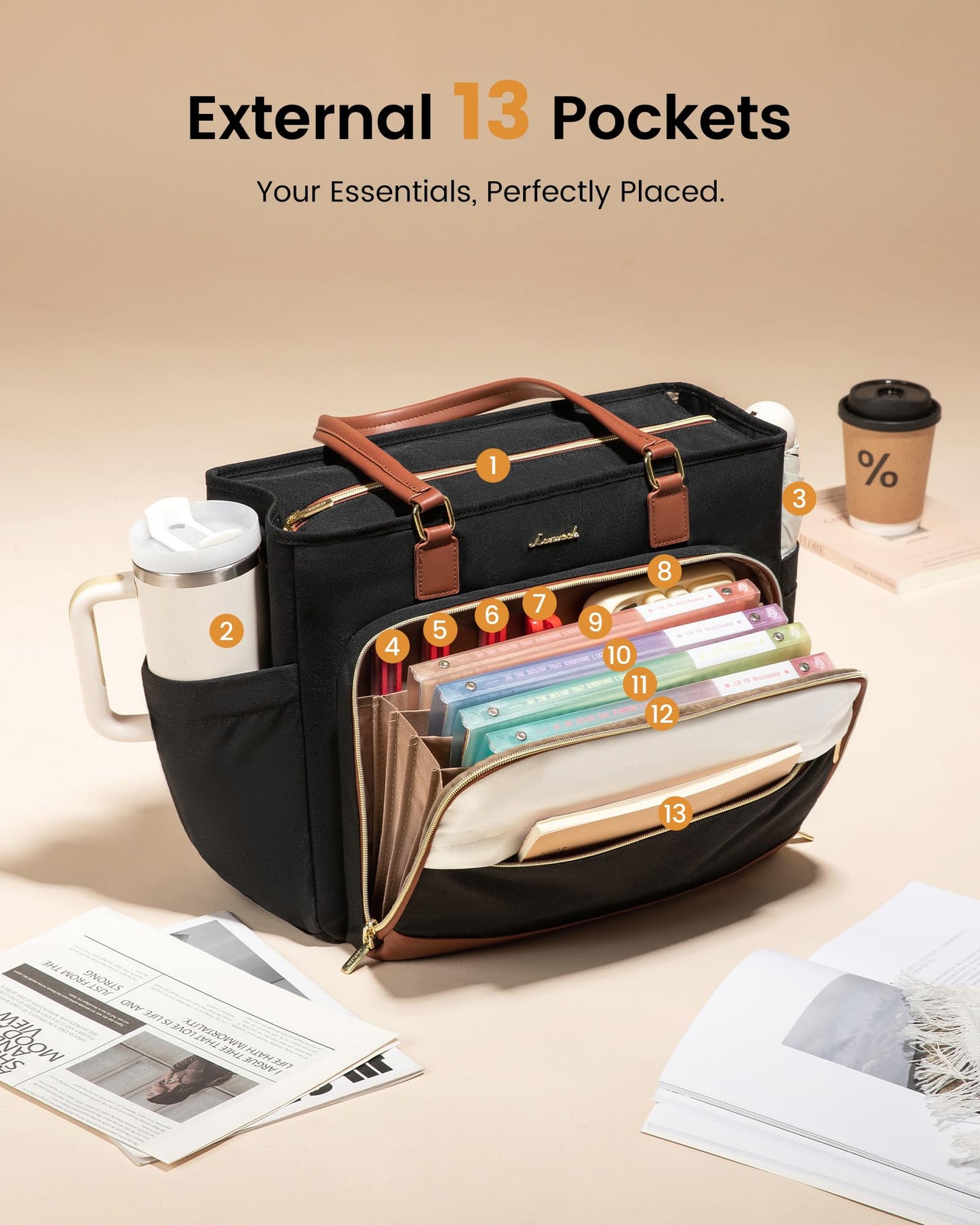 LOVEVOOK Teacher Tote Bag, 15.6 Inch Laptop Bag with Accordion File Organizer & Large Cup Holder, Professional Waterproof Nurse Work Tote Bag for Office & Business, Black-Beige-Brown