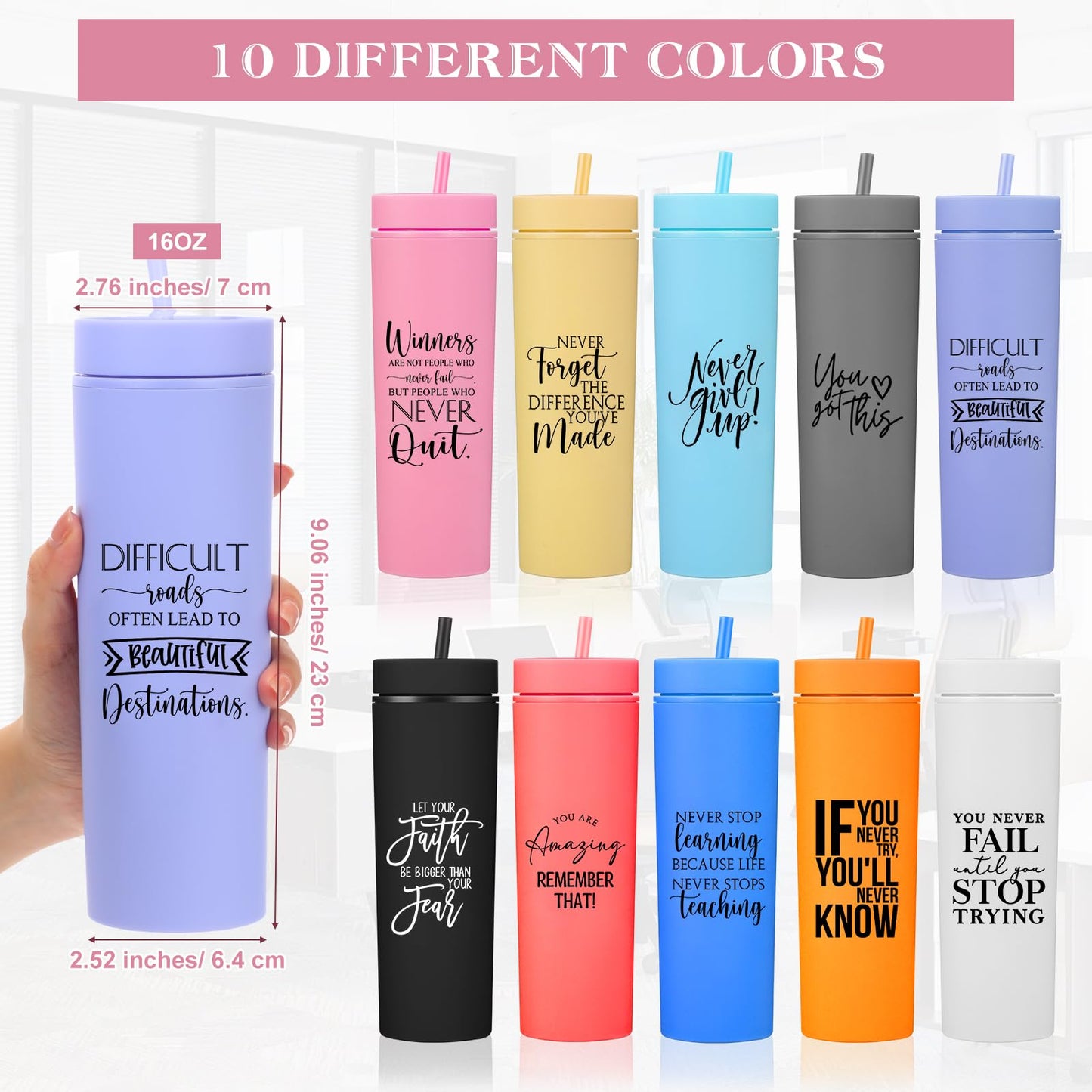 Tioncy 10 Pcs Employee Appreciation Gift Bulk Thank You Water Cup 16oz Matte Inspirational Skinny Tumbler with Lid and Straw for Team Housekeeping Gift Teacher Back to School Nurse(Charming)