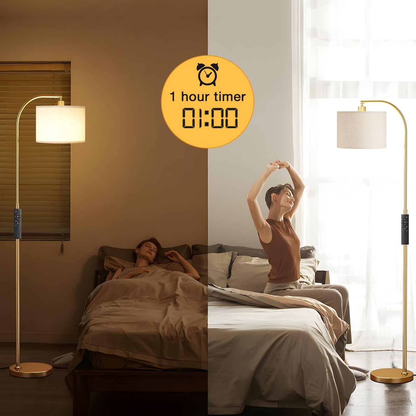 Arc Floor Lamp with Remote and Stepless Dimmable Bulb, Colors Temperature & Brightness Adjustable, Gold Floor Lamps for Living Room(Deep Beige Shade & Gold Pole)