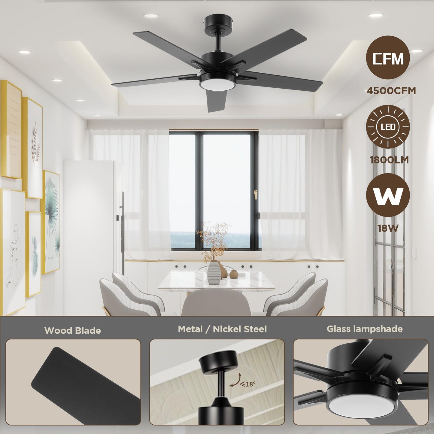 VAGIZM Ceiling Fan with Light Remote: 42 Inch Modern Fans with Dimmable Tri-Color Temperature LED - Quiet Reversible DC Motor for Home Office Bedroom