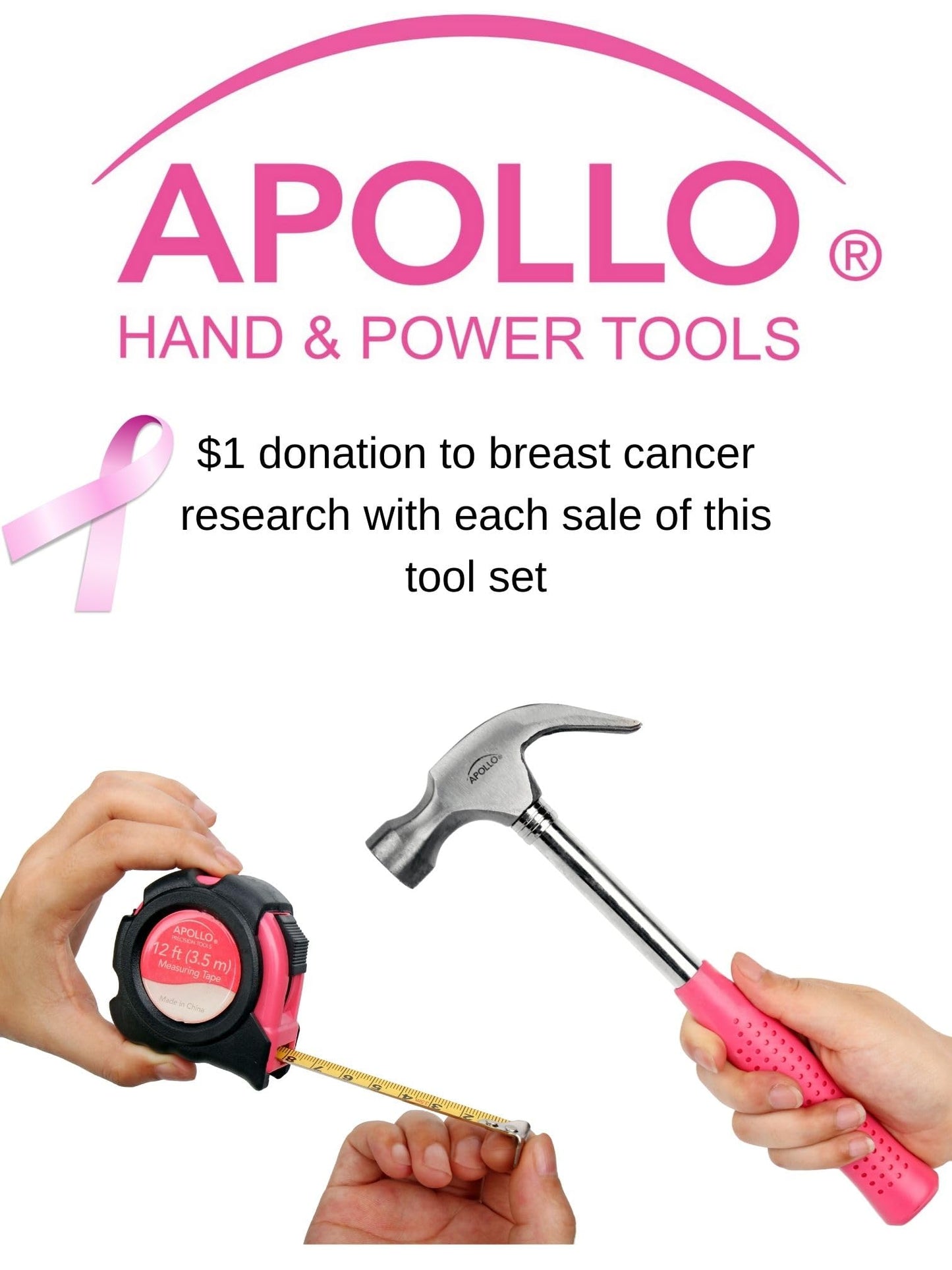Apollo Tools 135 Piece Household Pink Hand Tools Set with Pivoting Dual-Angle 3.6 V Lithium-Ion Cordless Screwdriver - DT0773N1