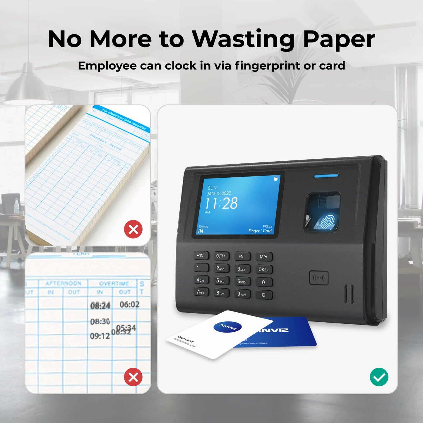ANVIZ Time Clocks for Small Business Employees - No Software Required - Fingerprint Biometric Clock in and Out Machine - Right Out of The Box, Finger + RFID + Pin Punching