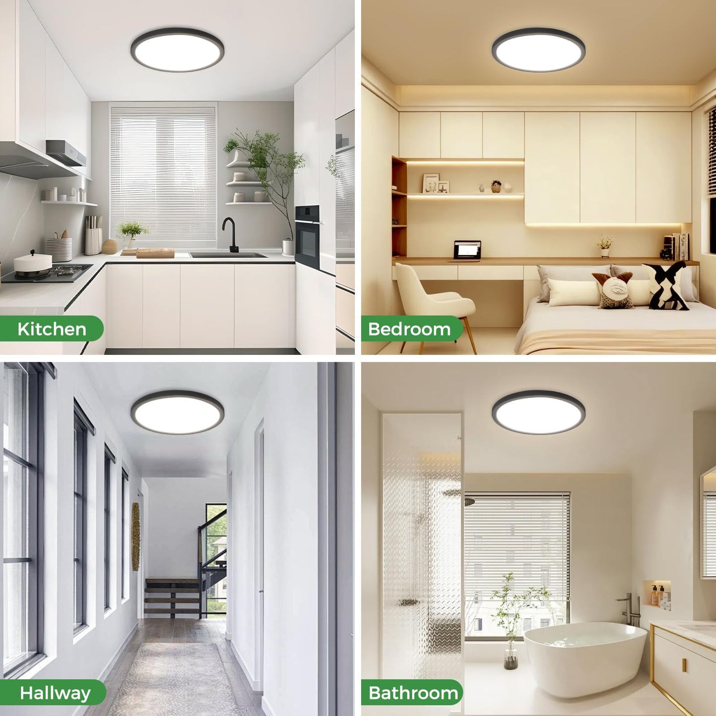 zemty 4Pack LED Flush Mount Ceiling Light, 12 Inch 24W Dimmable Round Ceiling Fixture, Black Low Profile Hardwired Ceiling Lamp for Bedroom, Kitchen, Hallway & Bathroom