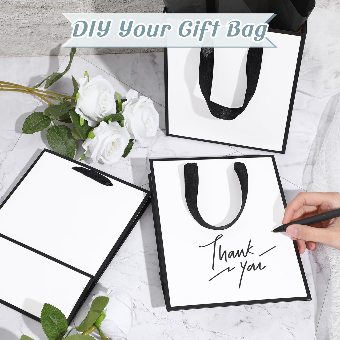 Yeaqee 50 Pack Metallic Gift Bags with Handle and Tissue Paper Gold Foil Welcome Bag for Wedding Guest Fall Party Hotel Guest 5 Senses Gifts Birthday Baby Shower Holiday 9x7x3.15''(White Black)