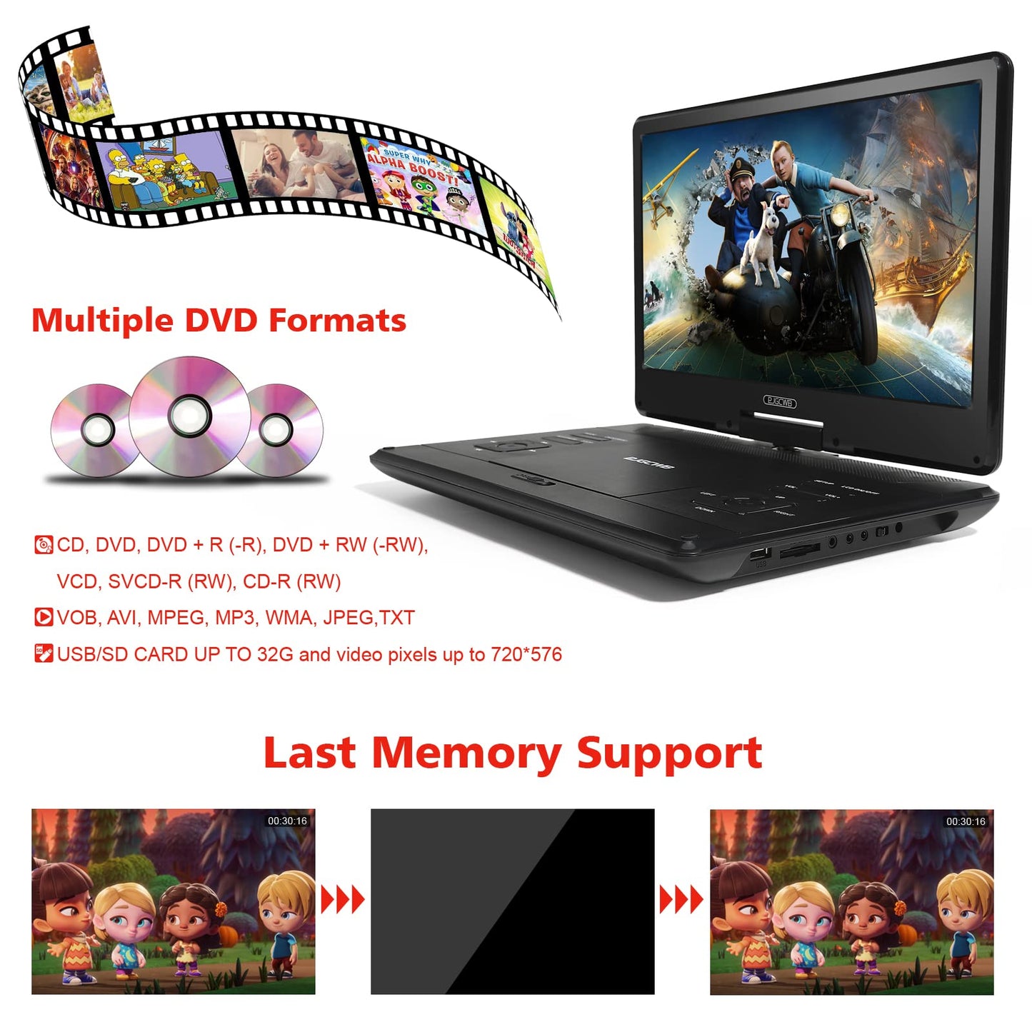16.9" Portable DVD Player with 14.1" Large HD Screen,High Volume Speaker,4-6 Hours Built-in Rechargeable Battery,Support USB/SD Card/Sync TV and Multiple Disc Formats,Region Free,Remote Control,Black