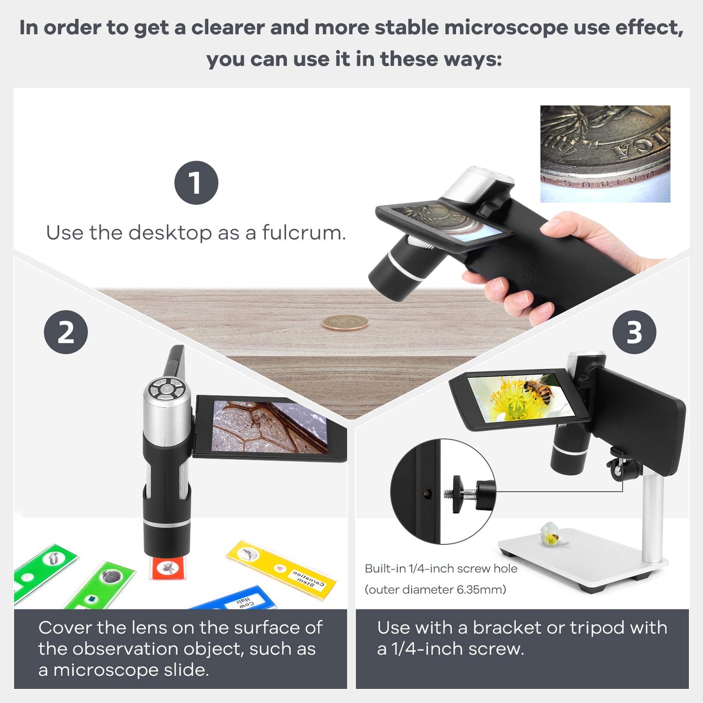 Andonstar AD203 Handheld Digital Microscope, Portable Pocket USB Coin Microscope with 4 inch Screen for Kids and Adults, Black, Electronic FHD Video, Windows Mac PC