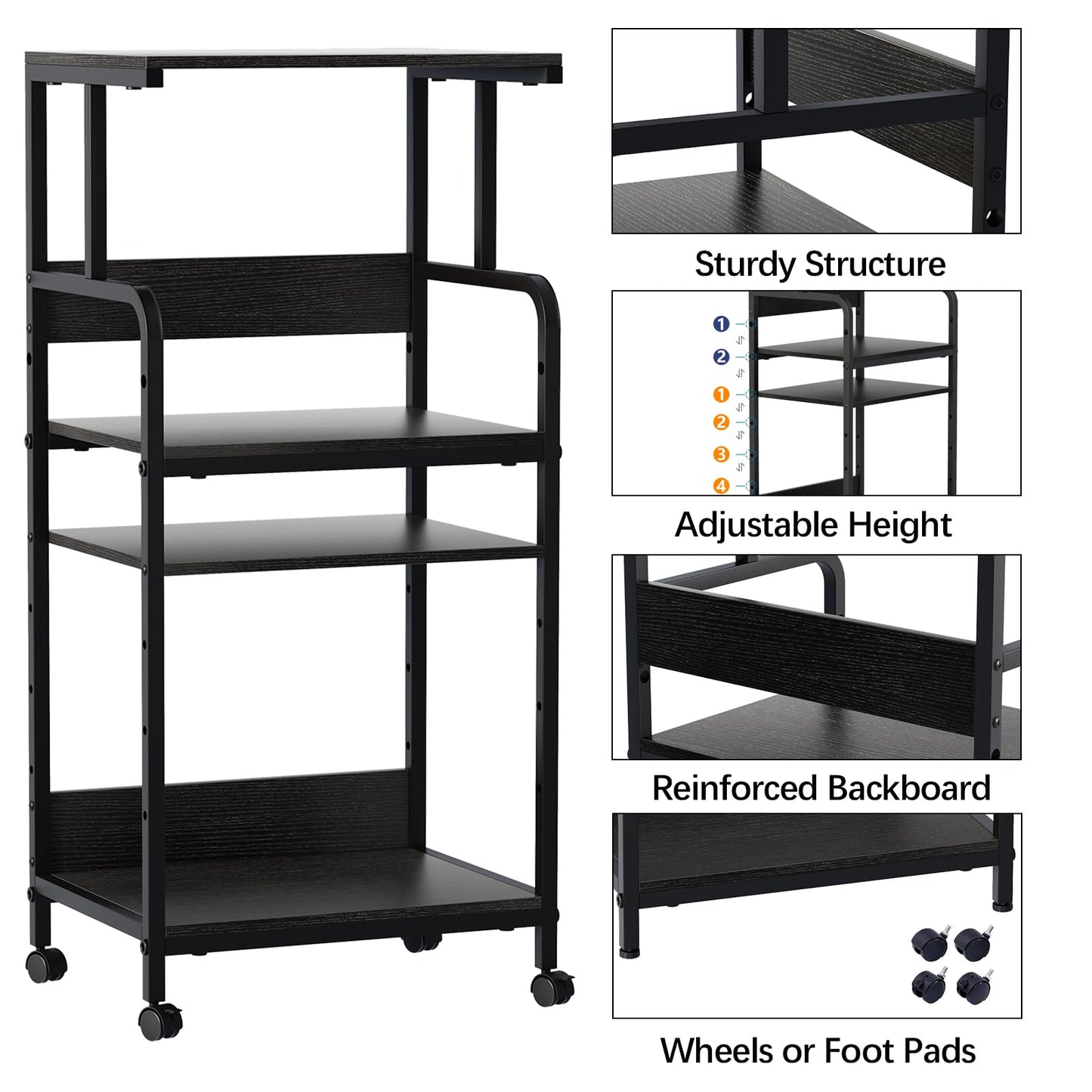 Arbuxzuy 4 Tier Stand with Storage Shelf, Tall Mobile Printer Table for Home Office, Adjustable Stands for Heat Press Scanner Fax (Black)