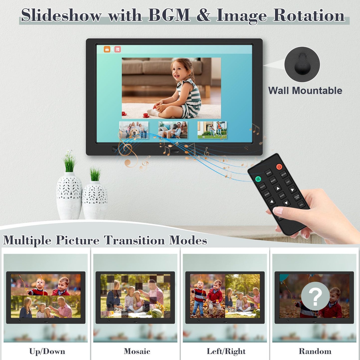 10.1 Inch Digital Picture Frame with 32GB USB Flash Drive, KECAG 1920x1080 HD IPS Screen Digital Photo Frame, Motion Sensor, Video, Music, Share Moments via SD Card or USB, with Remote Control