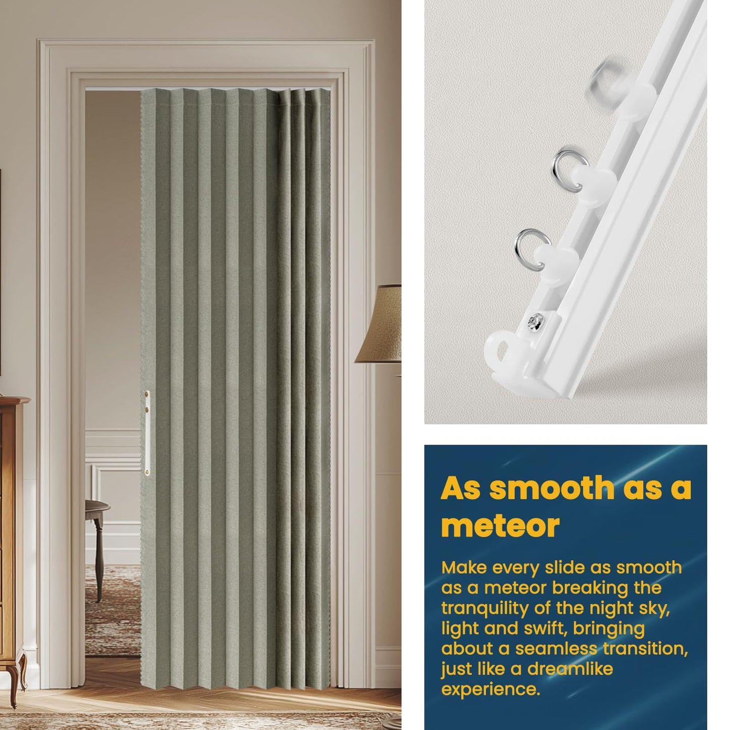 AJAZZ 100% Blackout Magnetic Accordion Door Curtain - Invisible Folding Panel for Bedroom, Living Room, Doorway - Curtain Sets Includes Tracks (1 Panel, 43W x 79L, Grey)