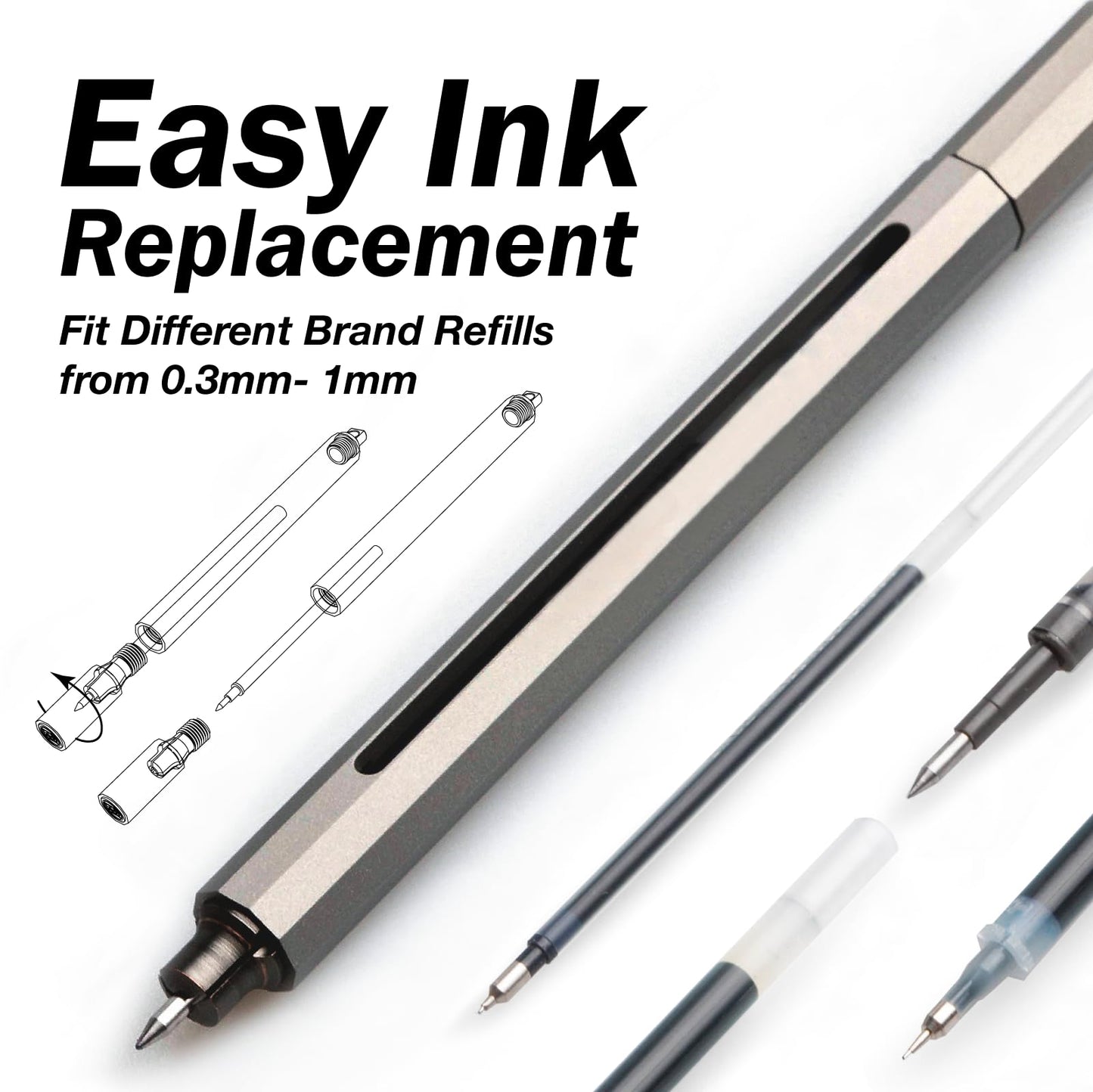 ANTOU Pen C Mini, Durable Aluminum Alloy EDC Pen, with 100+ Replacement Refills - Ballpoint, Rollerball, Gel. Auto-Adjusting Refillable Pen, Best Writing and Sketching Gift for Men and Women_Silver
