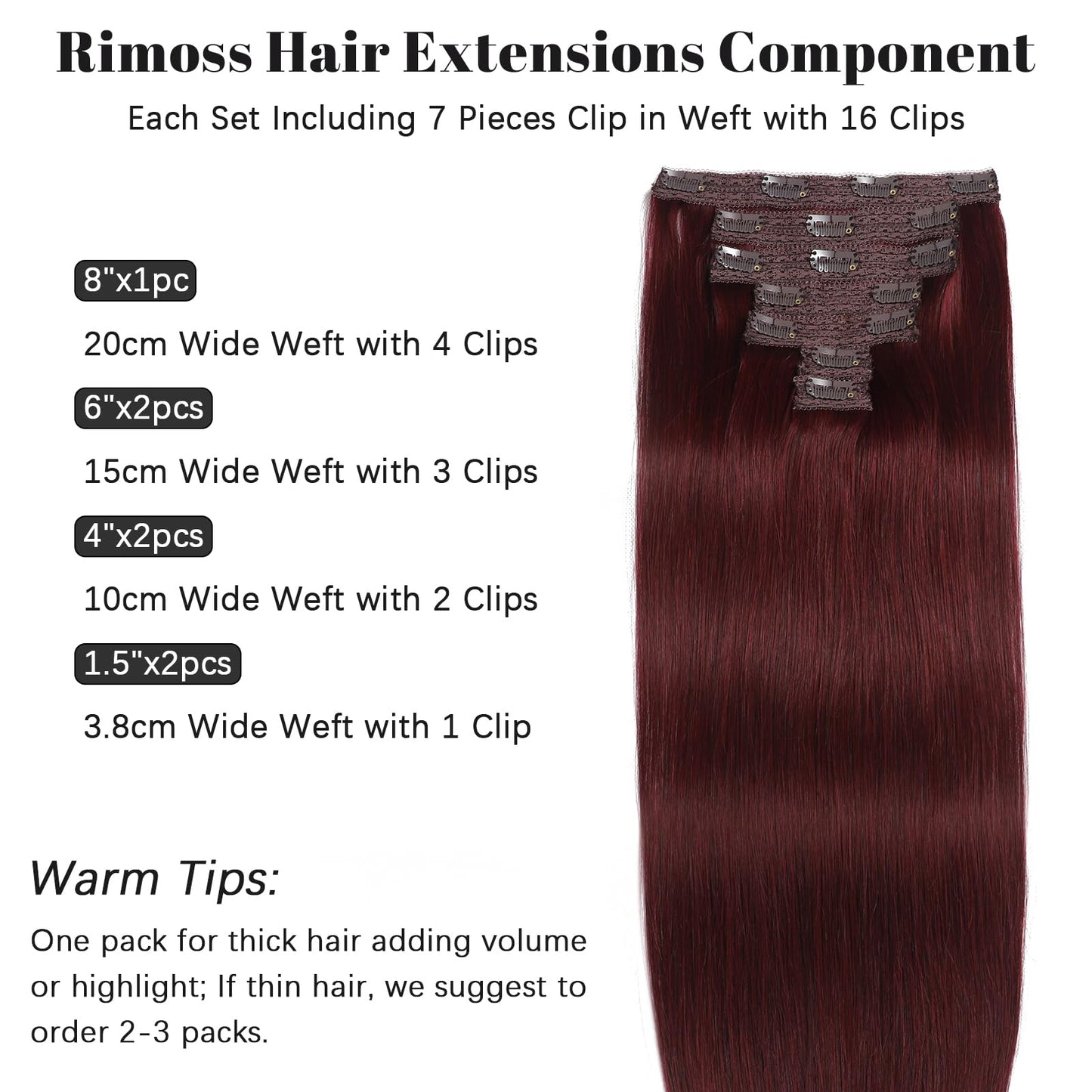 Rimoss Clip in Hair Extensions Real Human Hair, Soft Burgundy Red Hair Extensions Real Human Hair Clip ins Straight, Premium Thick 7pcs Remy Human Hair Clip in Extensions for Women (#99J 18 Inch)
