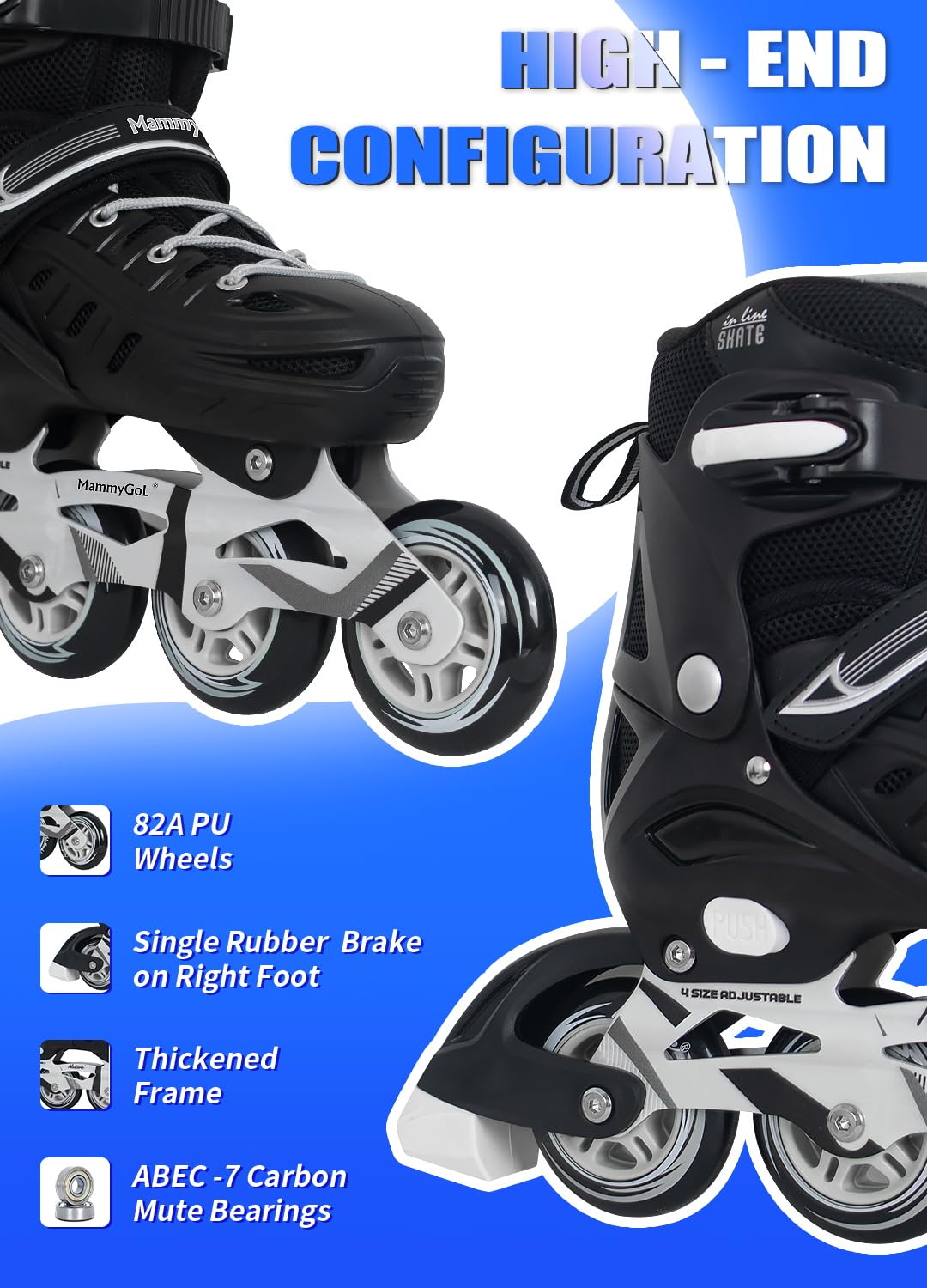 Inline Skates for Adults Men Women, Adjustable Aggressive Durable Roller Blades with Giant Wheels, High Performance Skates for Male Female Black Size 10 11 12