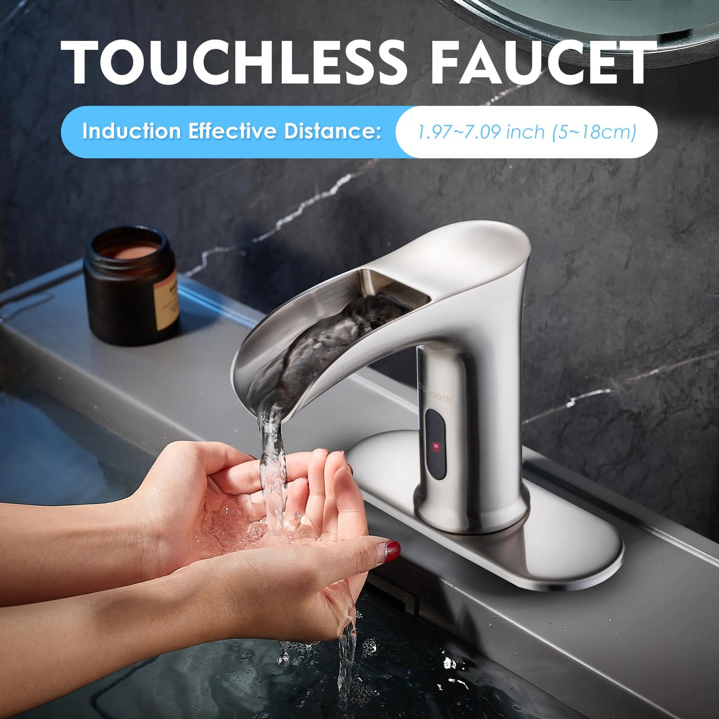 CDLODIN Automatic Sensor Touchless Waterfall Bathroom Sink Faucet, Modern Electronic Sensor Lavatory Faucet, Brushed Nickel Hands Free Vanity Faucets with Control Box and Temperature Mixer