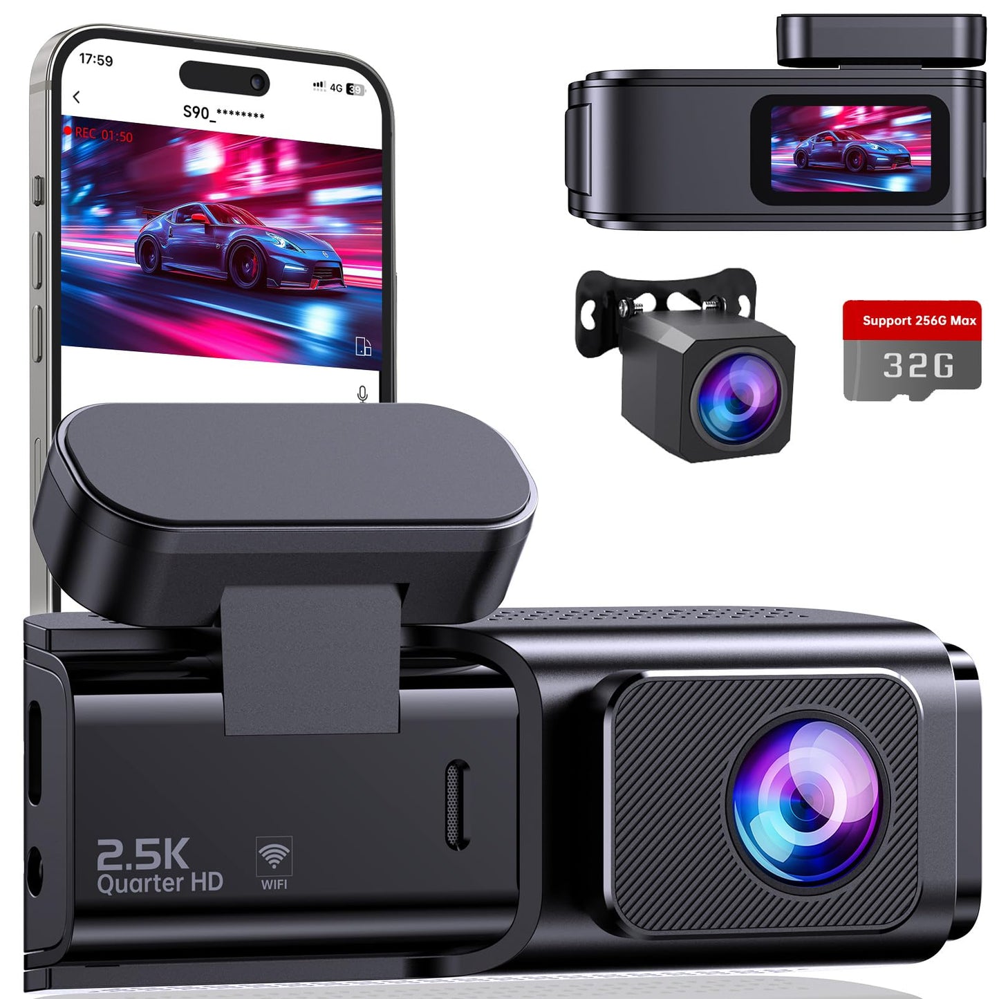 Dash Cam Front and Rear, 2.5K+1080P Dual Dash Camera for Cars, Ecomoment Car Camera with 1.47" IPS Screen, Built-in Wi-Fi, 170° Wide Angle, Night Vision, G-Sensor, 24H Parking Mode, 32GB Card Included