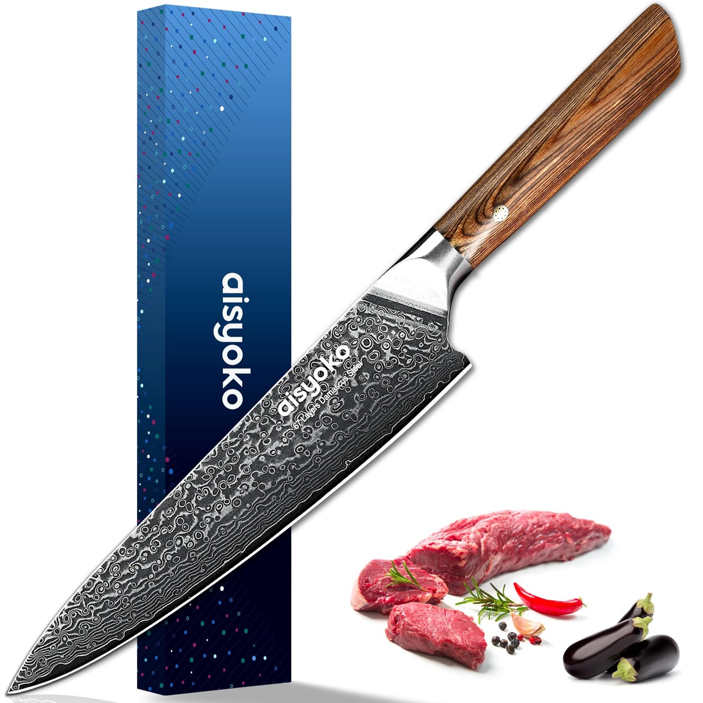 aisyoko Damascus chef knife 8-inch sharp kitchen knife Japan VG-10 stainless steel ergonomic color wooden handle luxury gift box - with scabbard