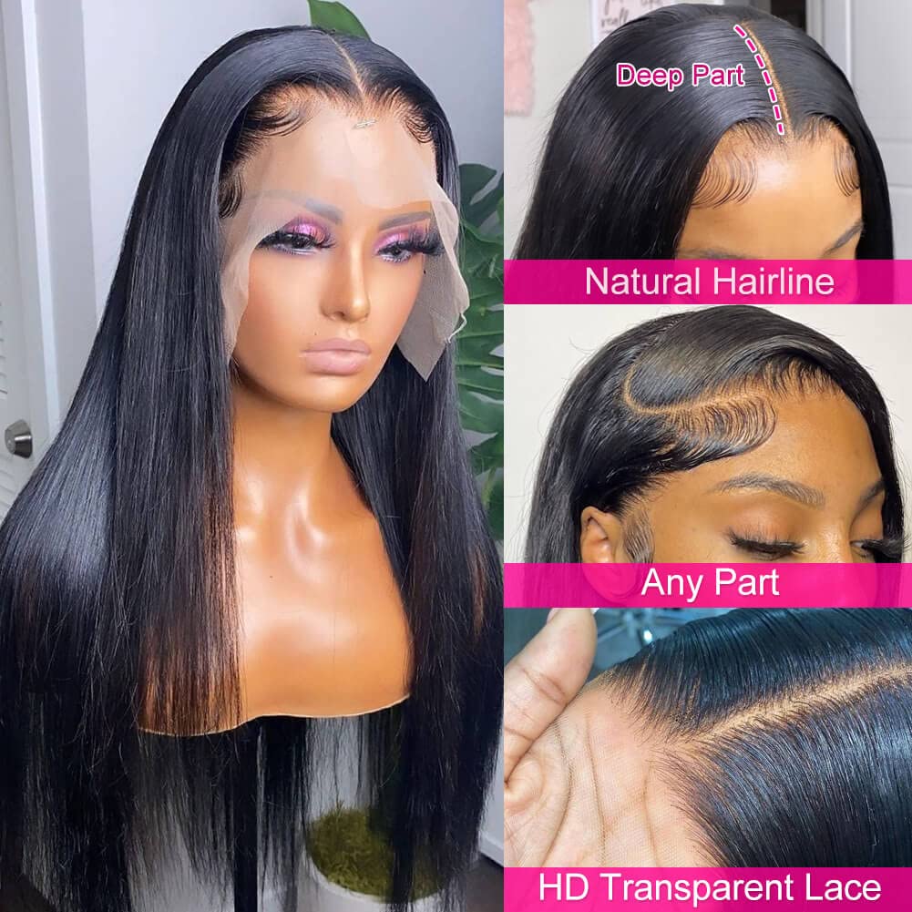mengkai 13X6 Straight Lace Front Wigs Human Hair Pre Plucked with Baby Hair 13x6 HD Transparent Lace Frontal Wigs Human Hair 180% Density Straight Human Hair Wigs for Women 30 Inch Glueless Wigs